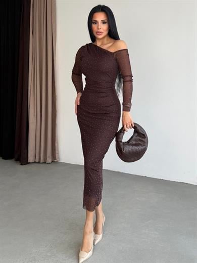 Worans Taş Detaylı Elbise Kahve