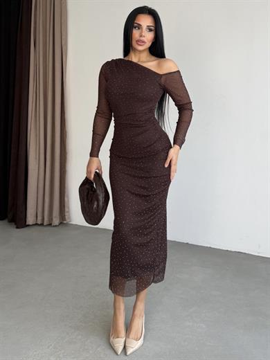 Worans Taş Detaylı Elbise Kahve