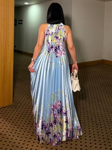 Yongi Boyundan Bağlamalı Mor  Çiçek Desenli Saten Elbise Bebe Mavi