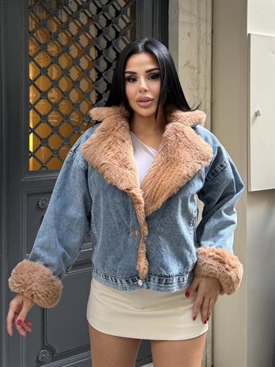 Yonie Kürk Detaylı Denim Ceket Mavi-Bej