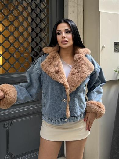 Yonie Kürk Detaylı Denim Ceket Mavi-Bej