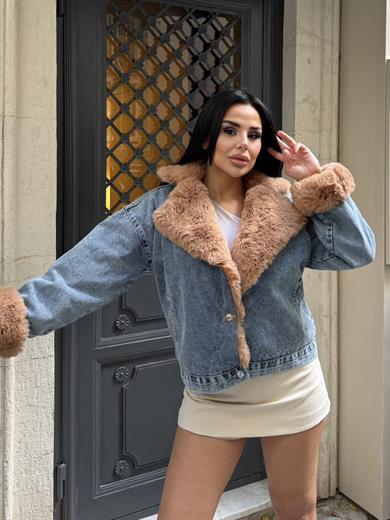 Yonie Kürk Detaylı Denim Ceket Mavi-Bej