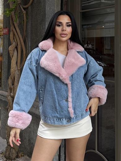Yonie Kürk Detaylı Denim Ceket Mavi-Pembe
