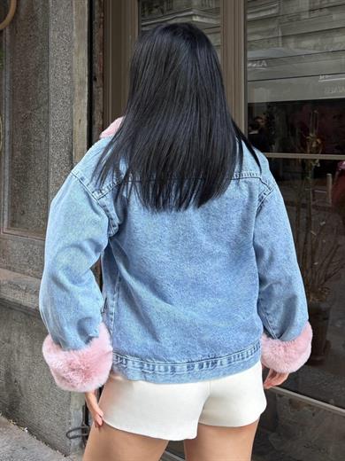 Yonie Kürk Detaylı Denim Ceket Mavi-Pembe