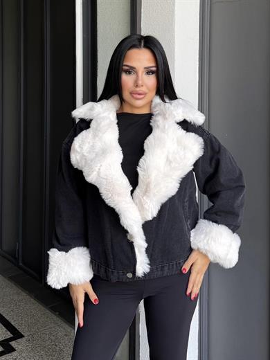 Yonie Kürk Detaylı Denim Ceket Siyah-Beyaz