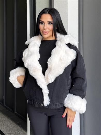 Yonie Kürk Detaylı Denim Ceket Siyah-Beyaz