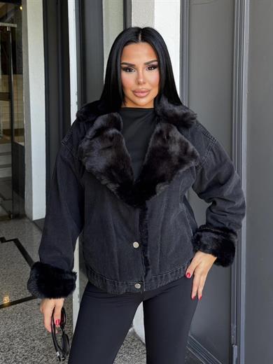 Yonie Kürk Detaylı Denim Ceket Siyah-Siyah
