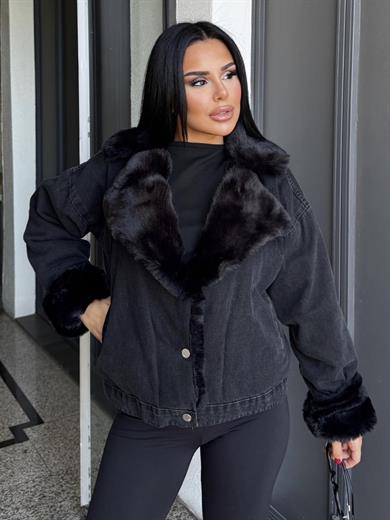 Yonie Kürk Detaylı Denim Ceket Siyah-Siyah
