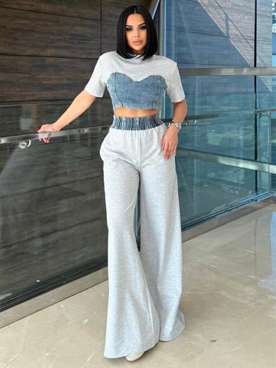 Zeynis Denim Detaylı Spor Takım Gri