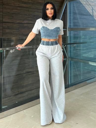 Zeynis Denim Detaylı Spor Takım Gri