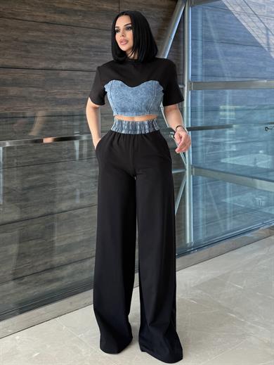 Zeynis Denim Detaylı Spor Takım Siyah