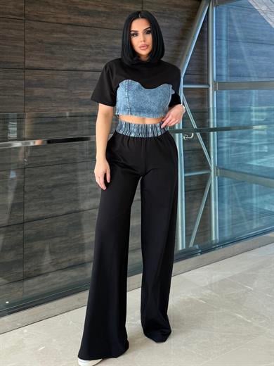 Zeynis Denim Detaylı Spor Takım Siyah