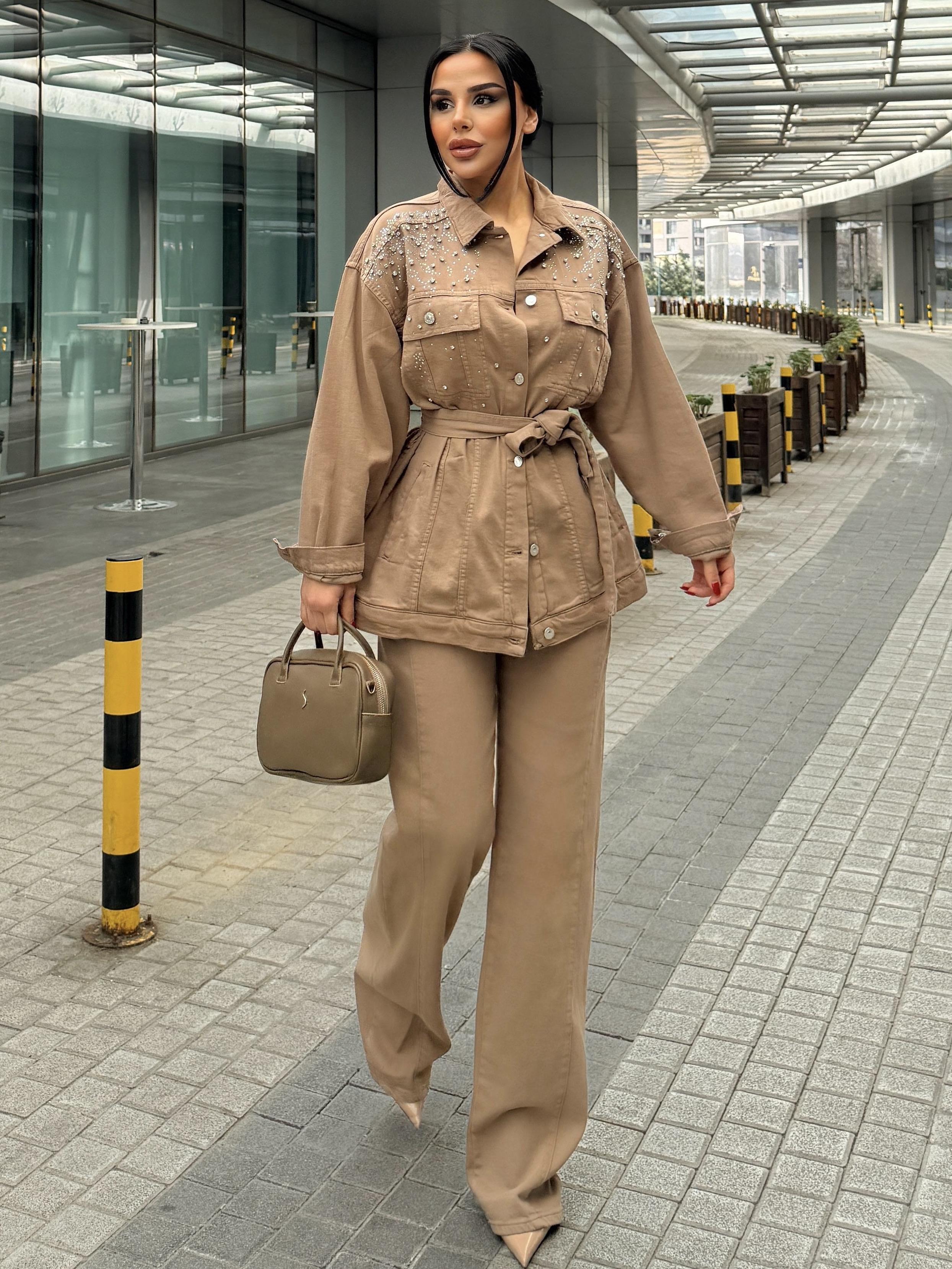  Avian Taş İşleme Detaylı Denim Takım Kahve