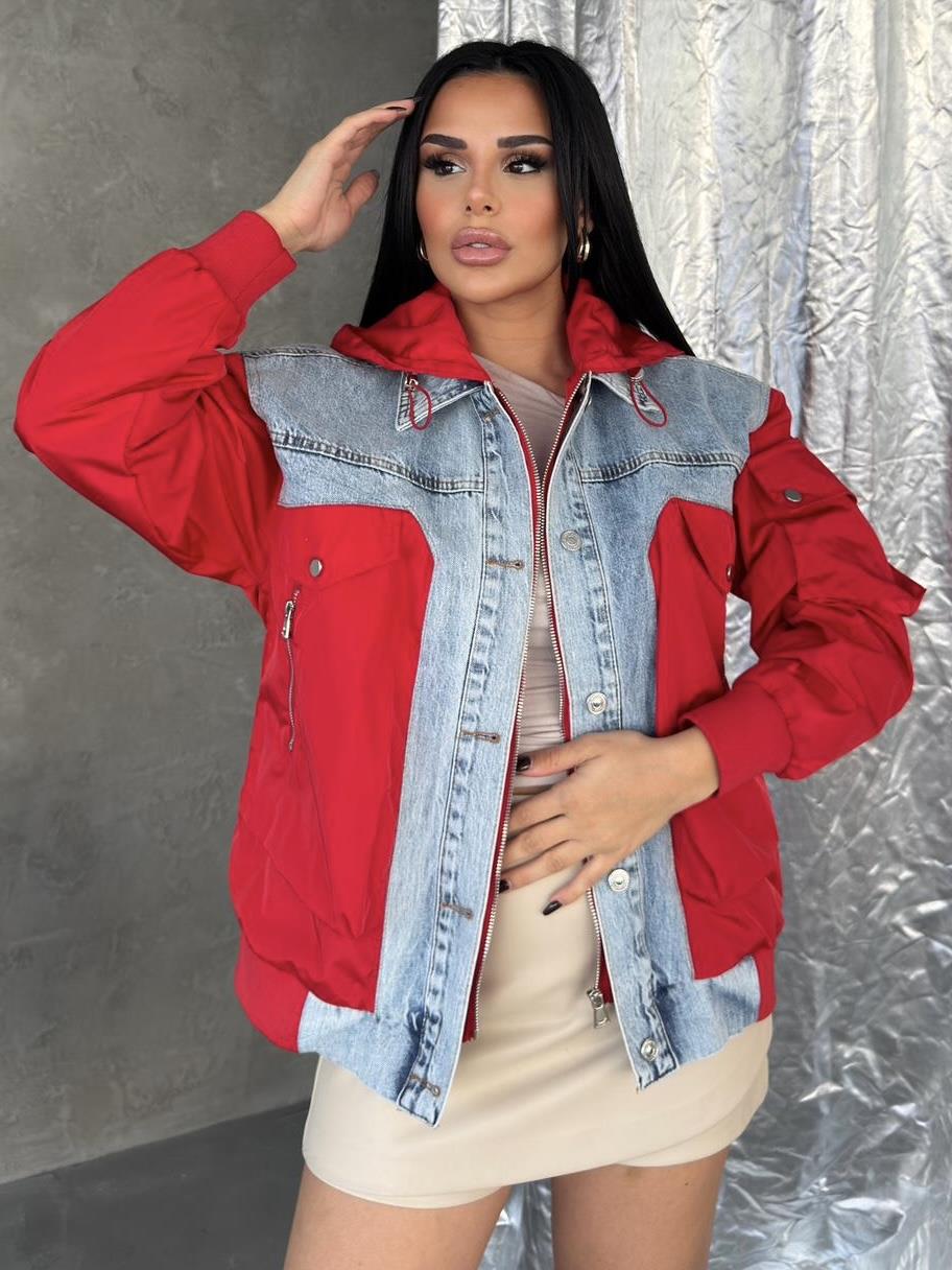  Slesya Denim Detaylı Paraşüt Ceket Kırmızı