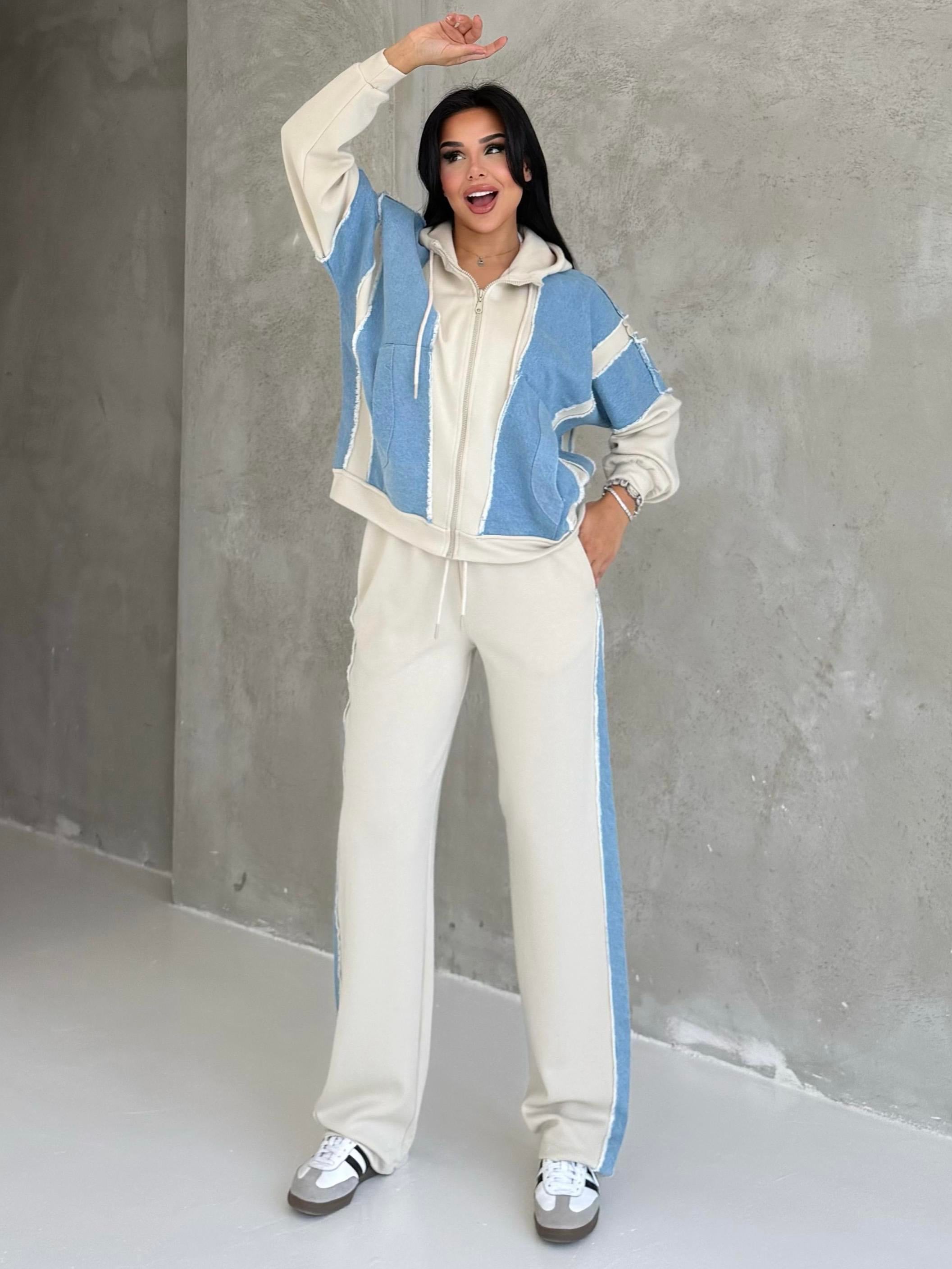 Aspova Denim Detaylı Spor Takım Beyaz