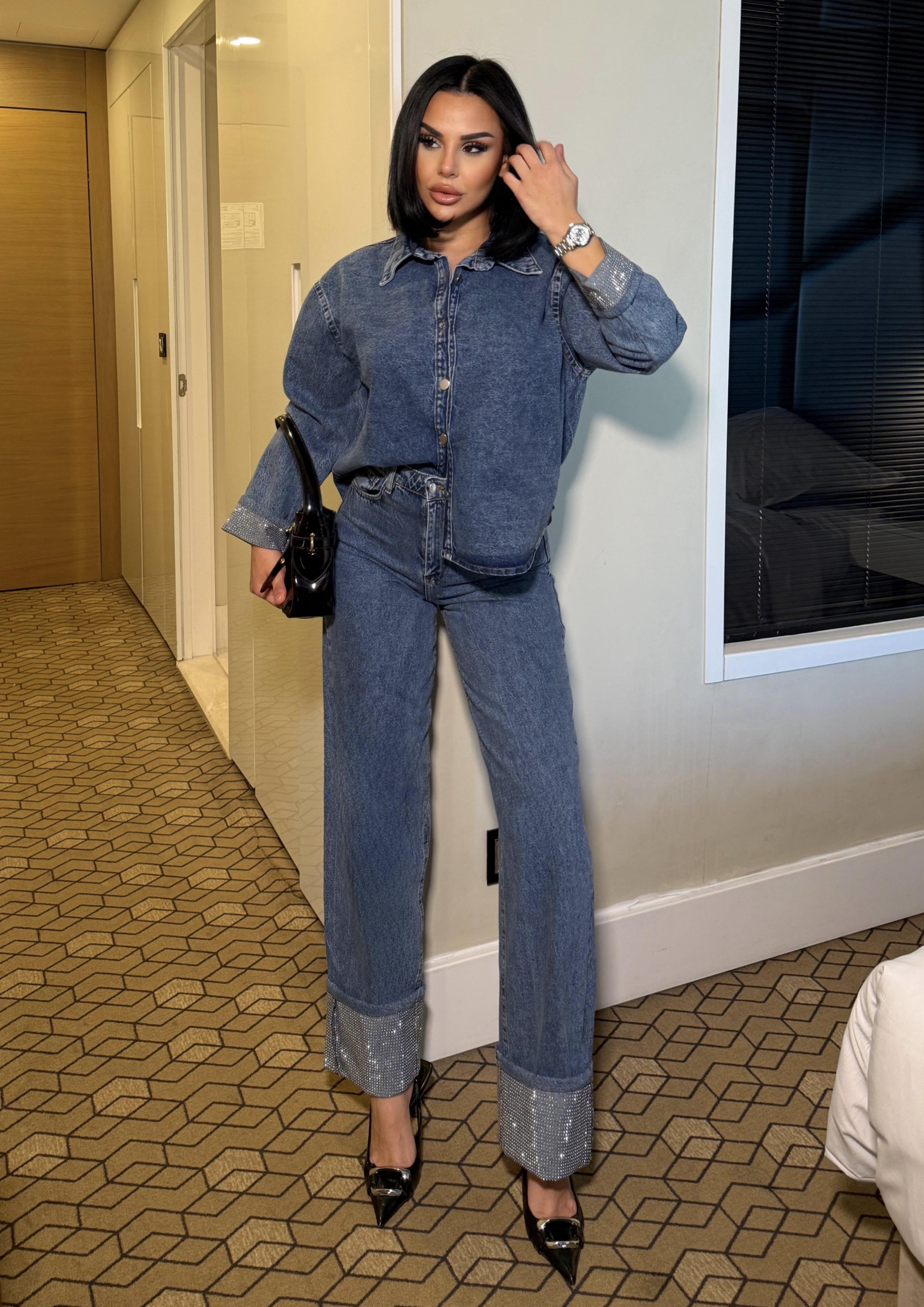 Ativa Taş Detaylı Denim Takım Mavi