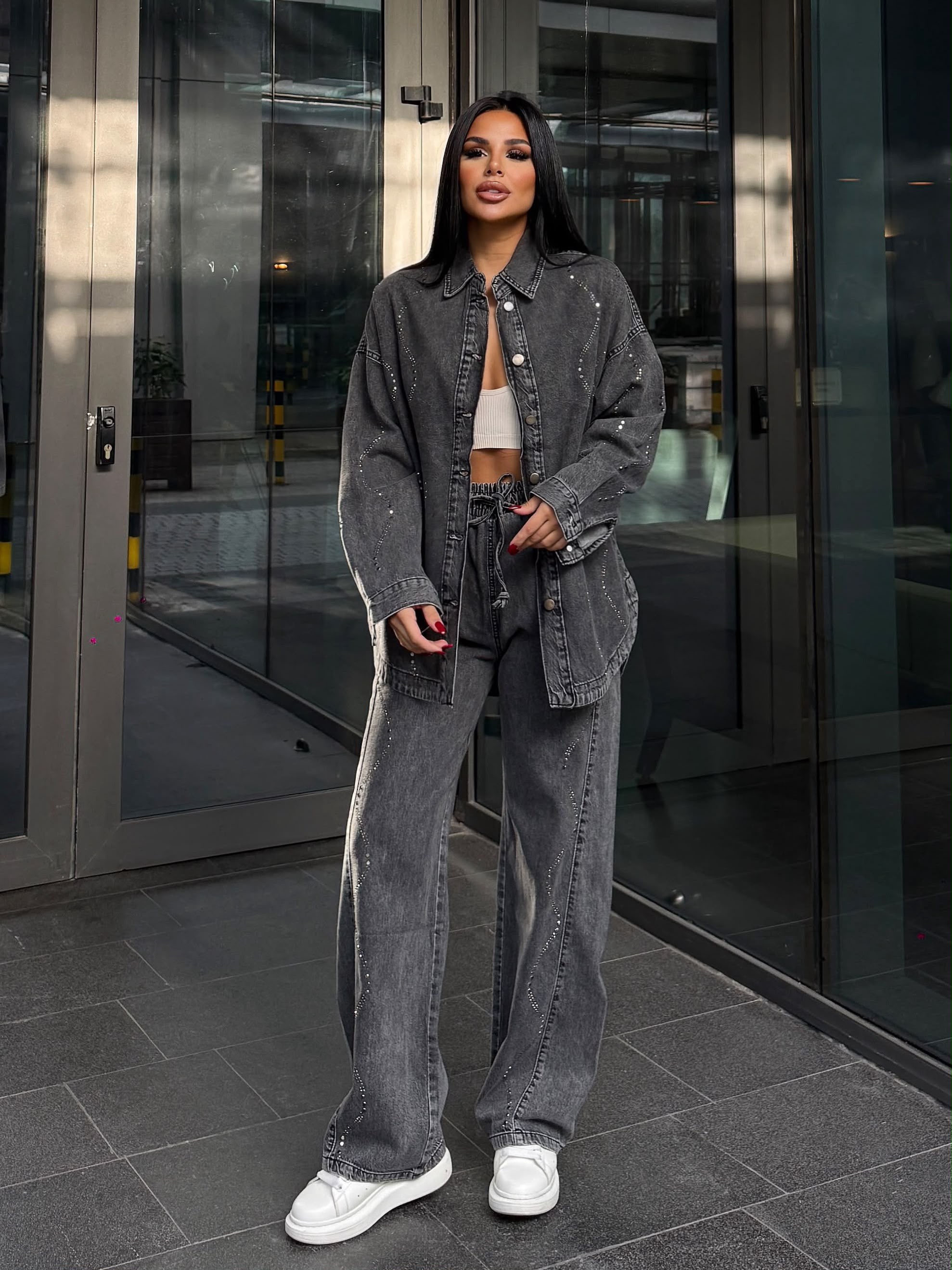 Cesia Taş İşleme Detaylı Denim Takım Gri