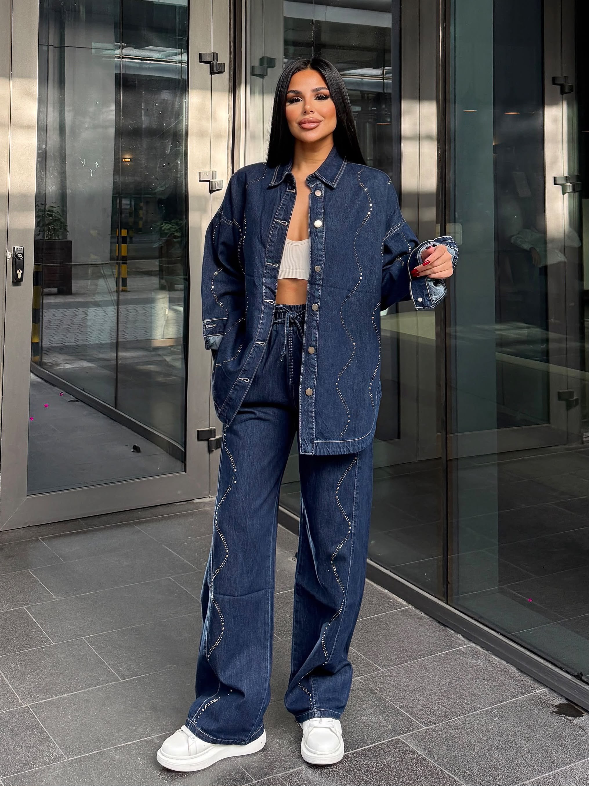 Cesia Taş İşleme Detaylı Denim Takım Lacivert