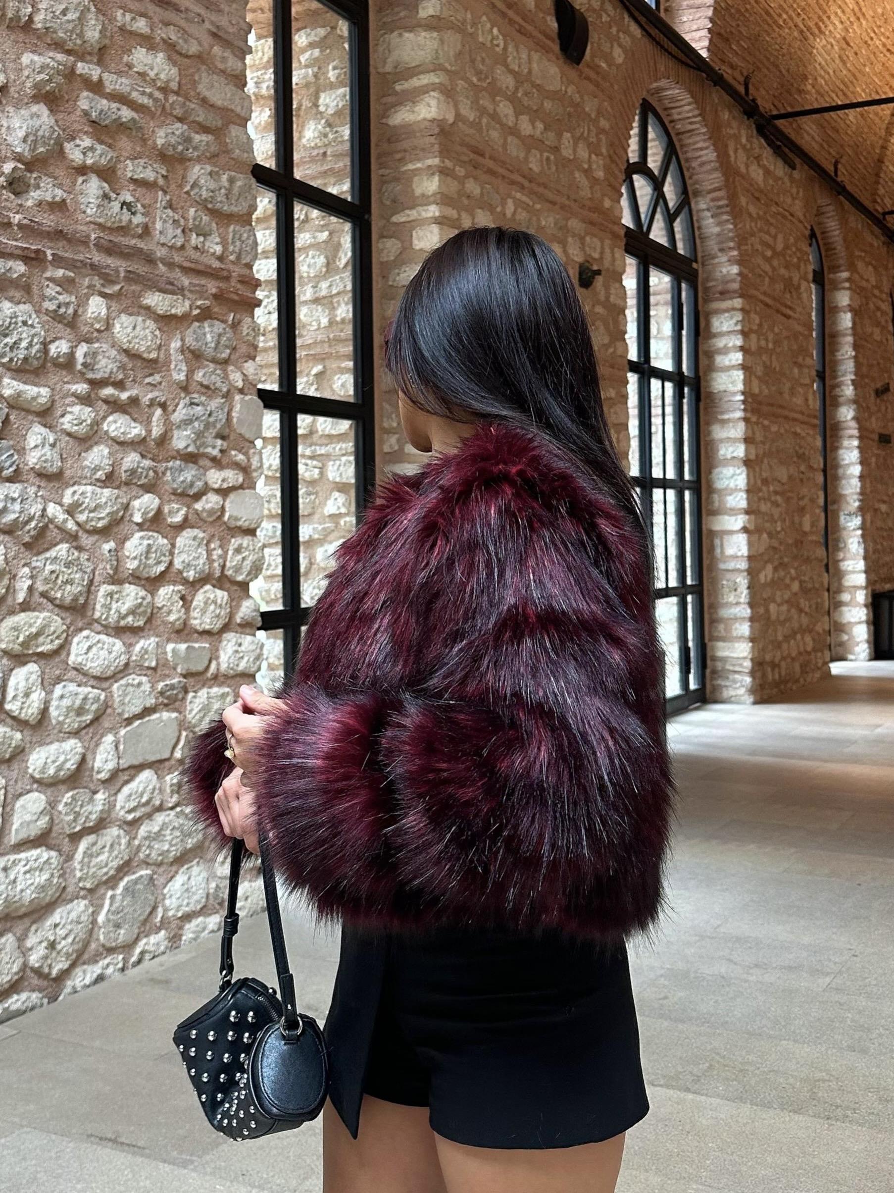 Chic Suni Kürk Kaban Bordo · 3