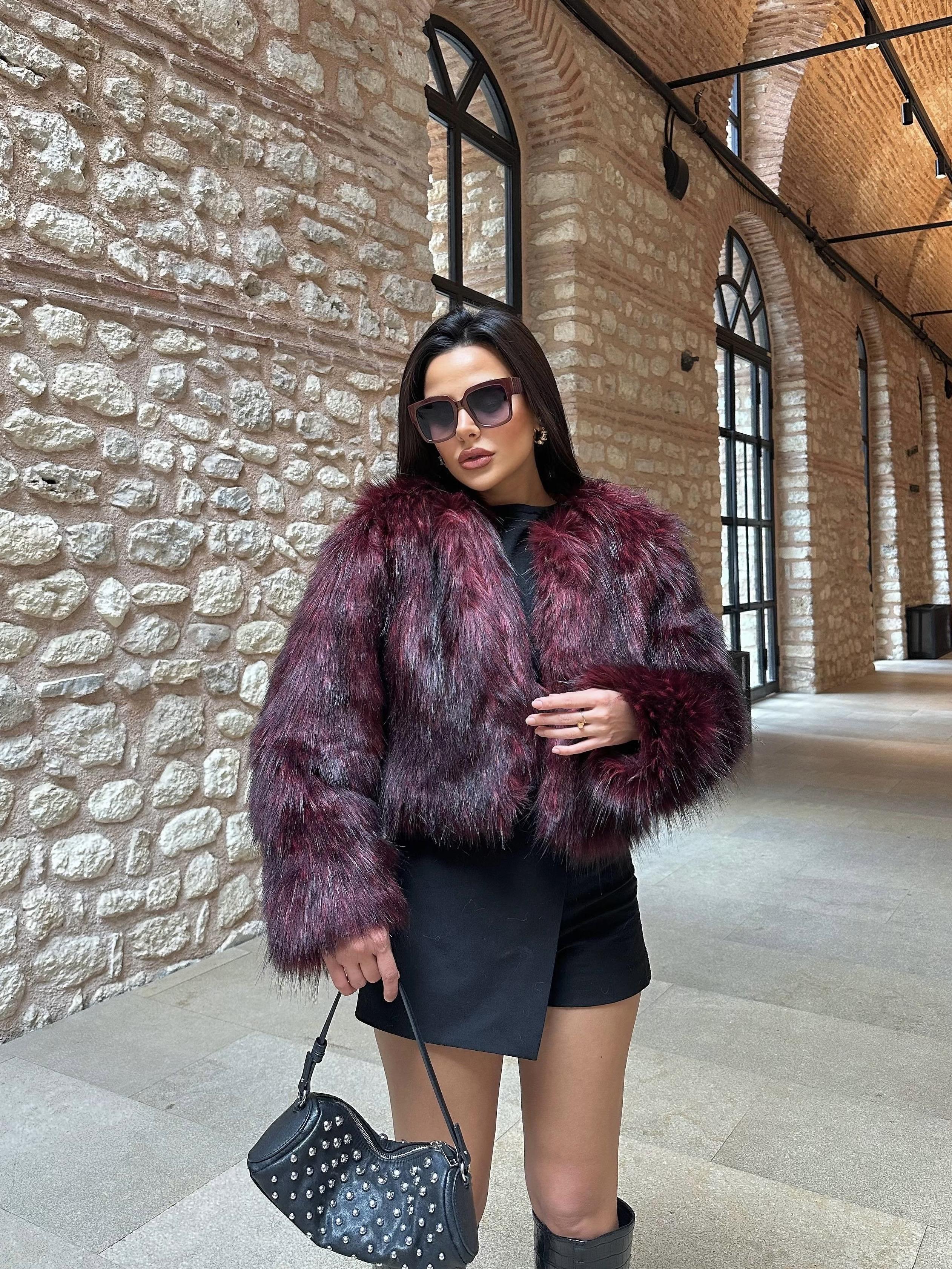 Chic Suni Kürk Kaban Bordo · 2
