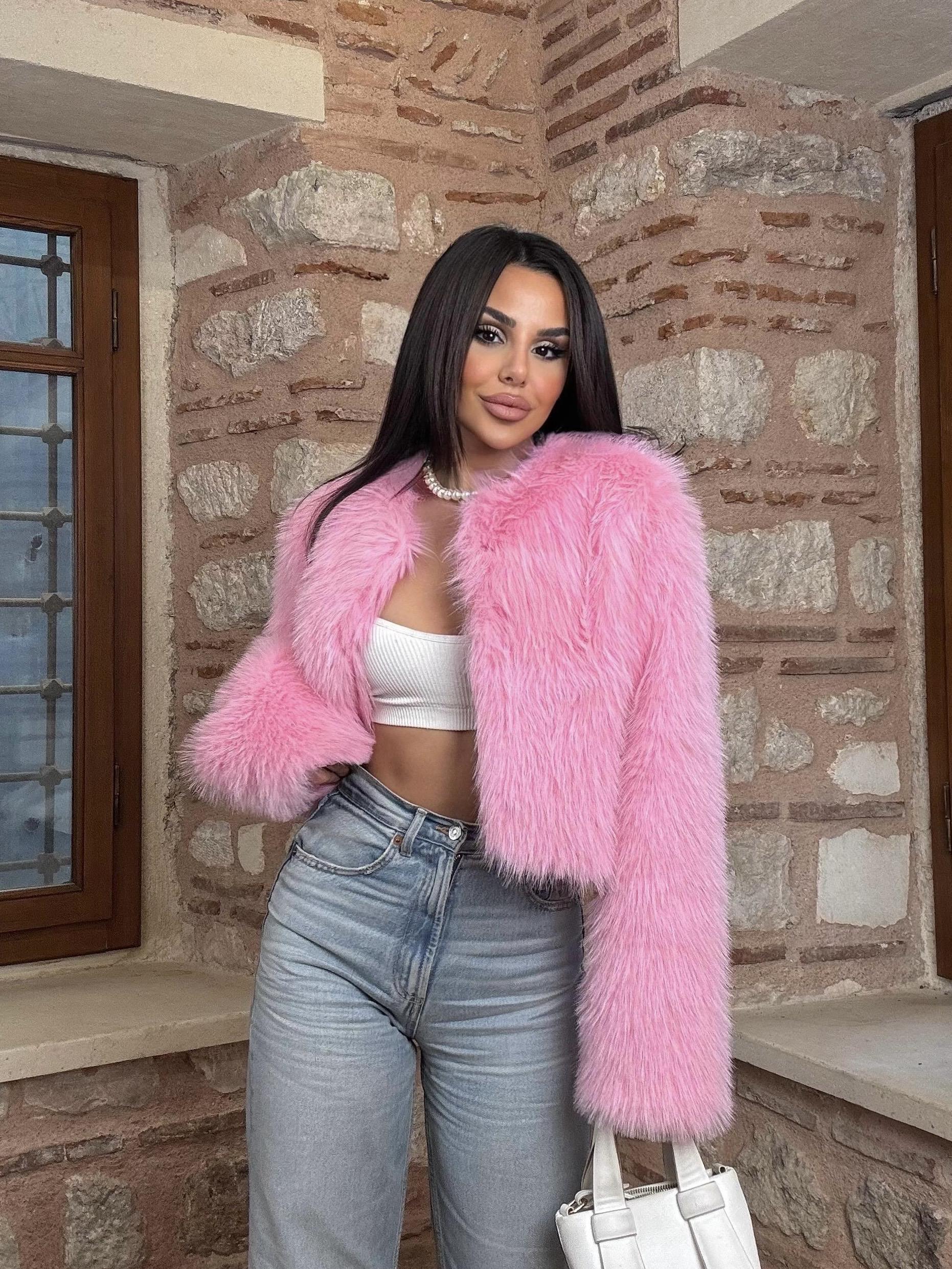 Crop Mini Kürk Şeker Pembe