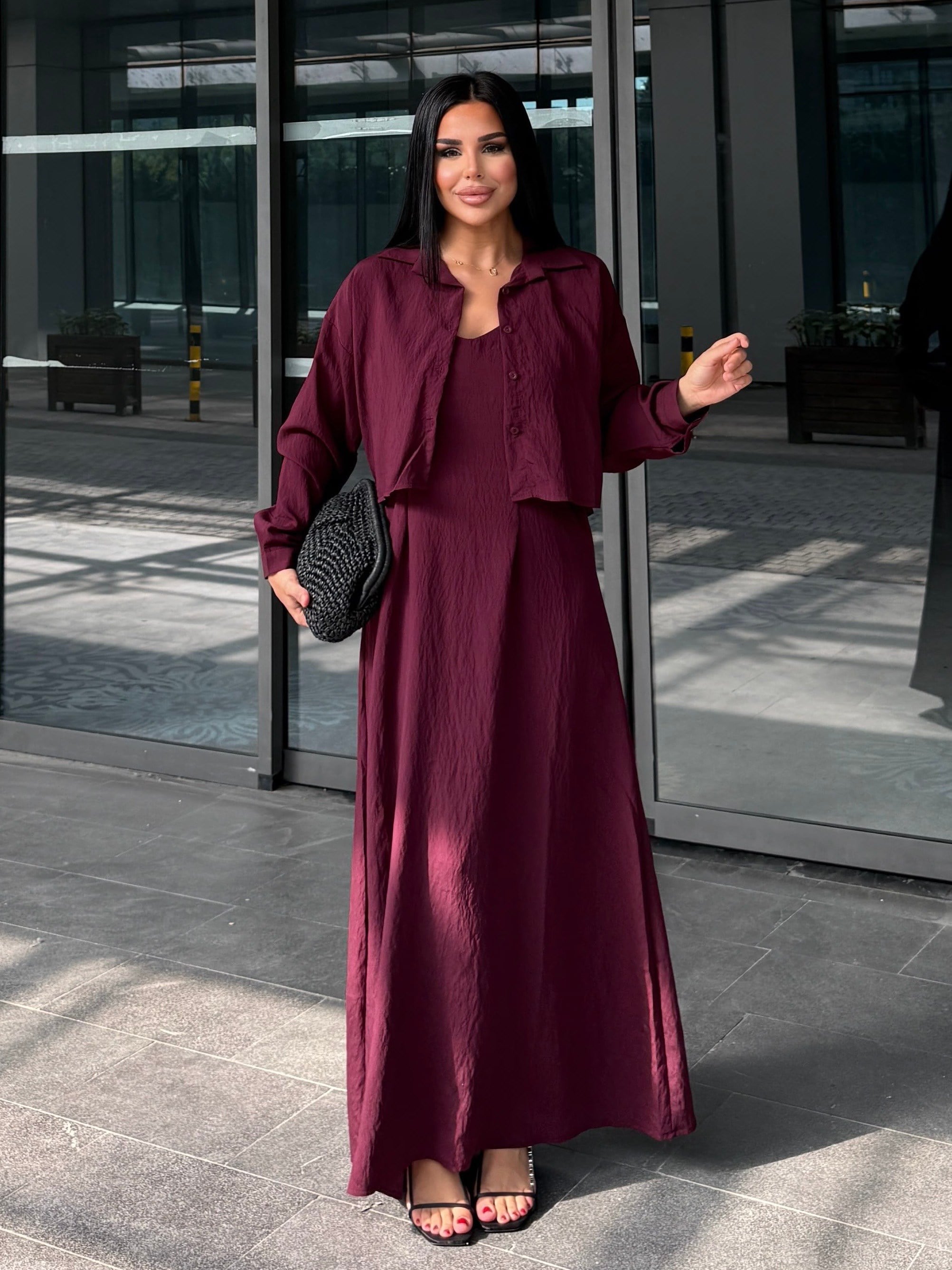 Crush Gömlek Detaylı Elbise Bordo