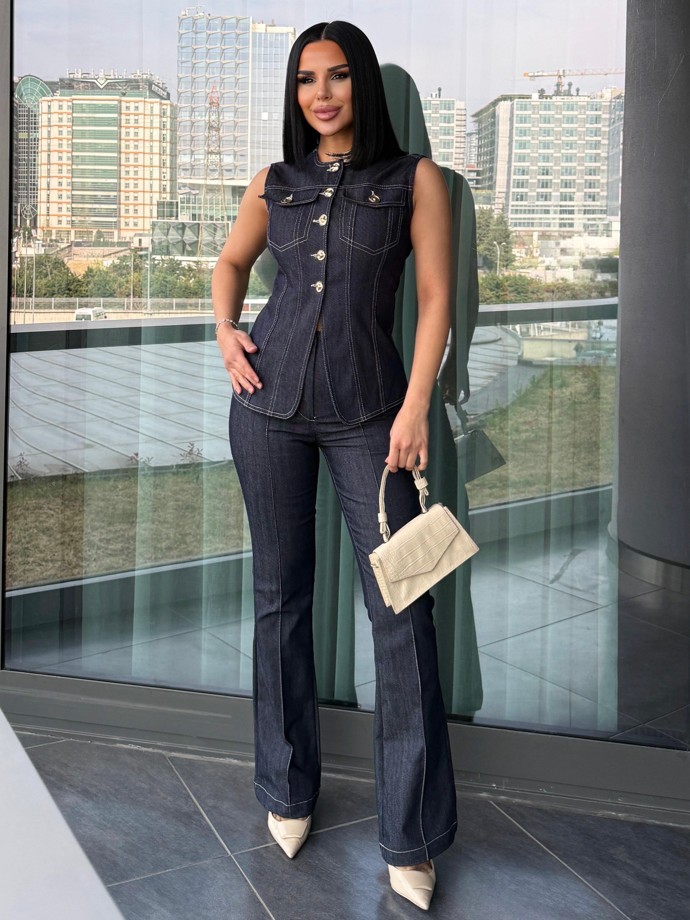 Denica Yelekli Denim Takım Lacivert