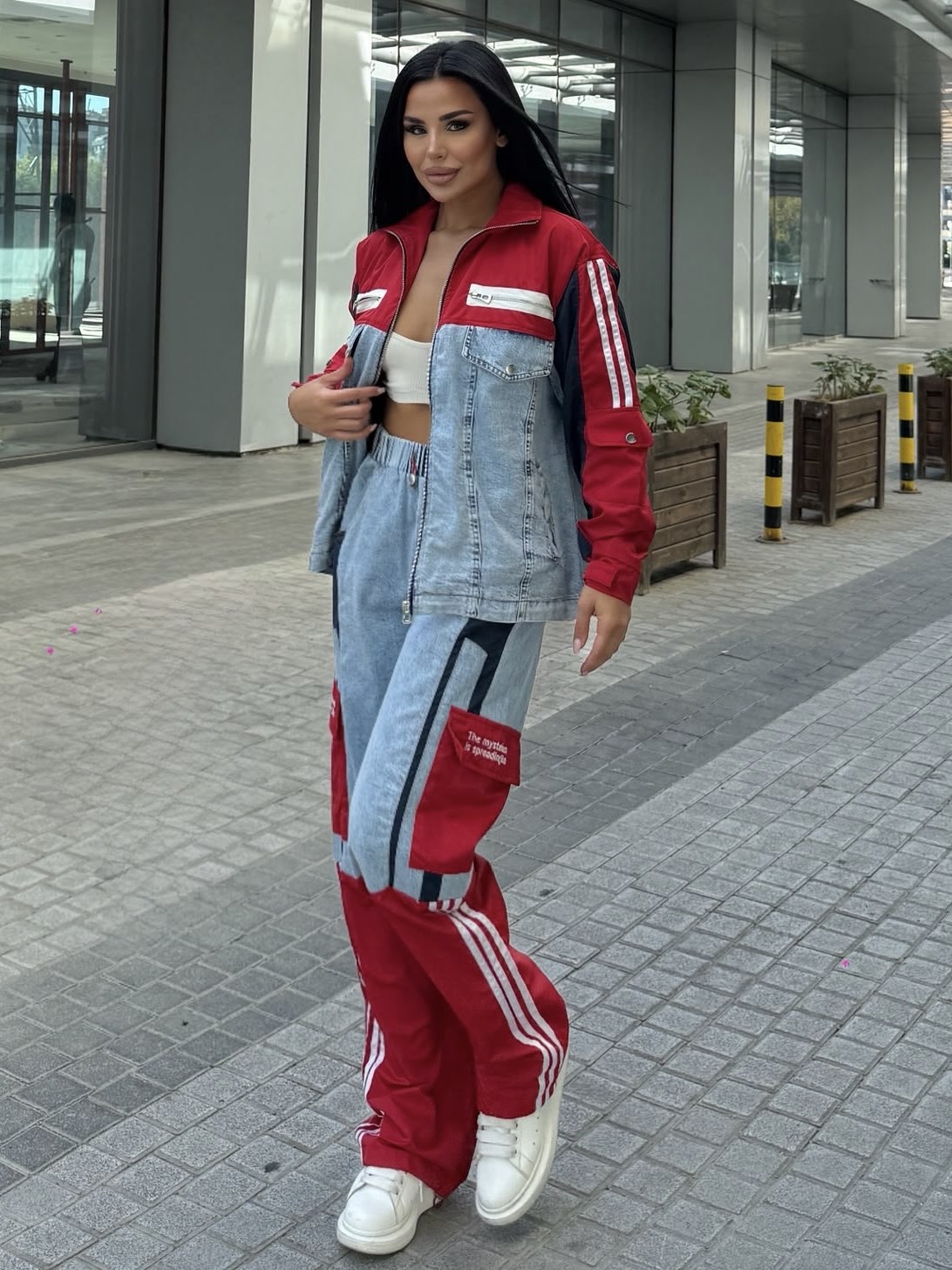 Diras Paraşüt Detaylı Denim Takım Kırmızı