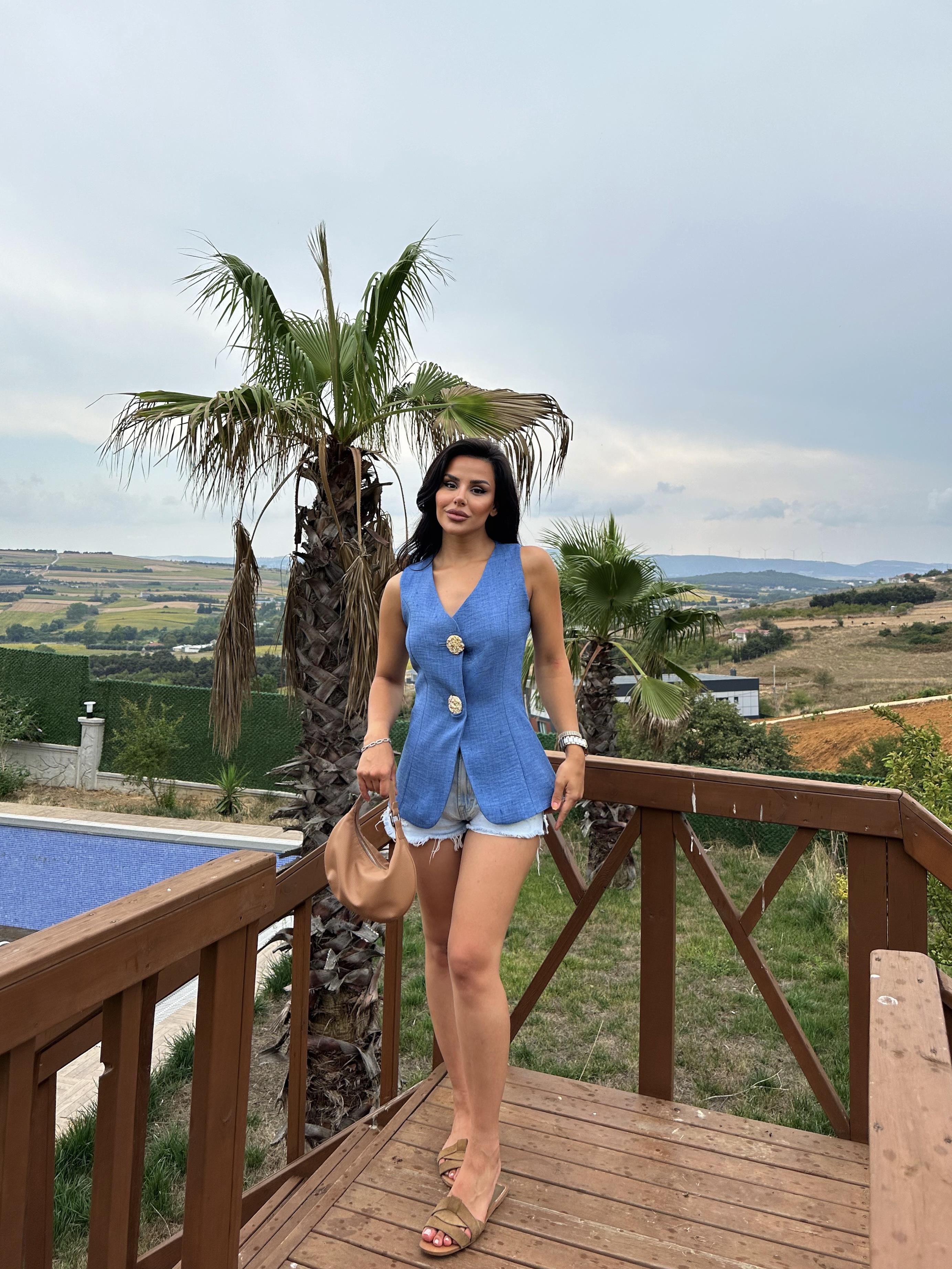 Dora Gold Düğmeli Yelek İndigo