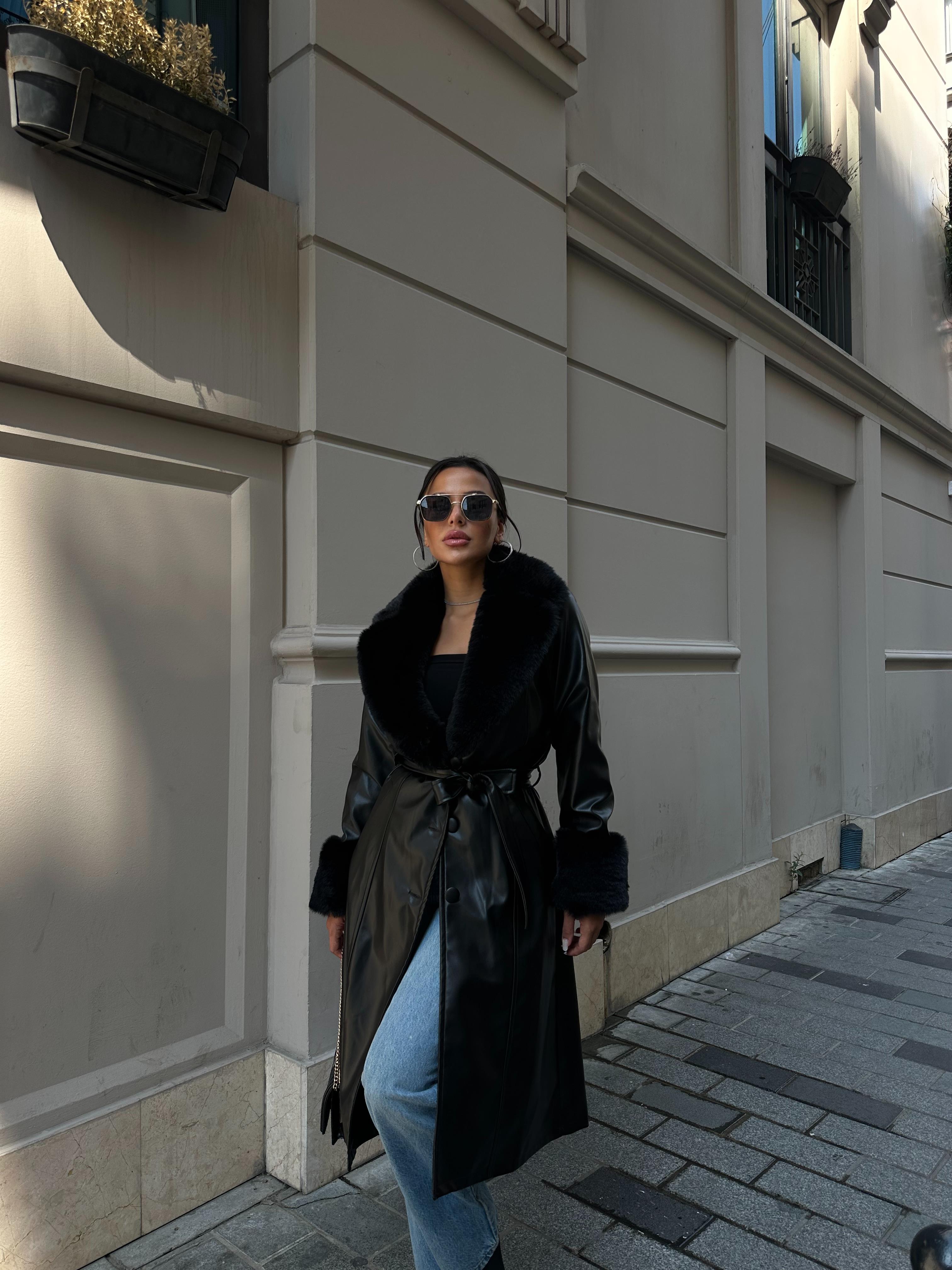 Ella Kürk Yaka Suni Deri Kaban Siyah · 6