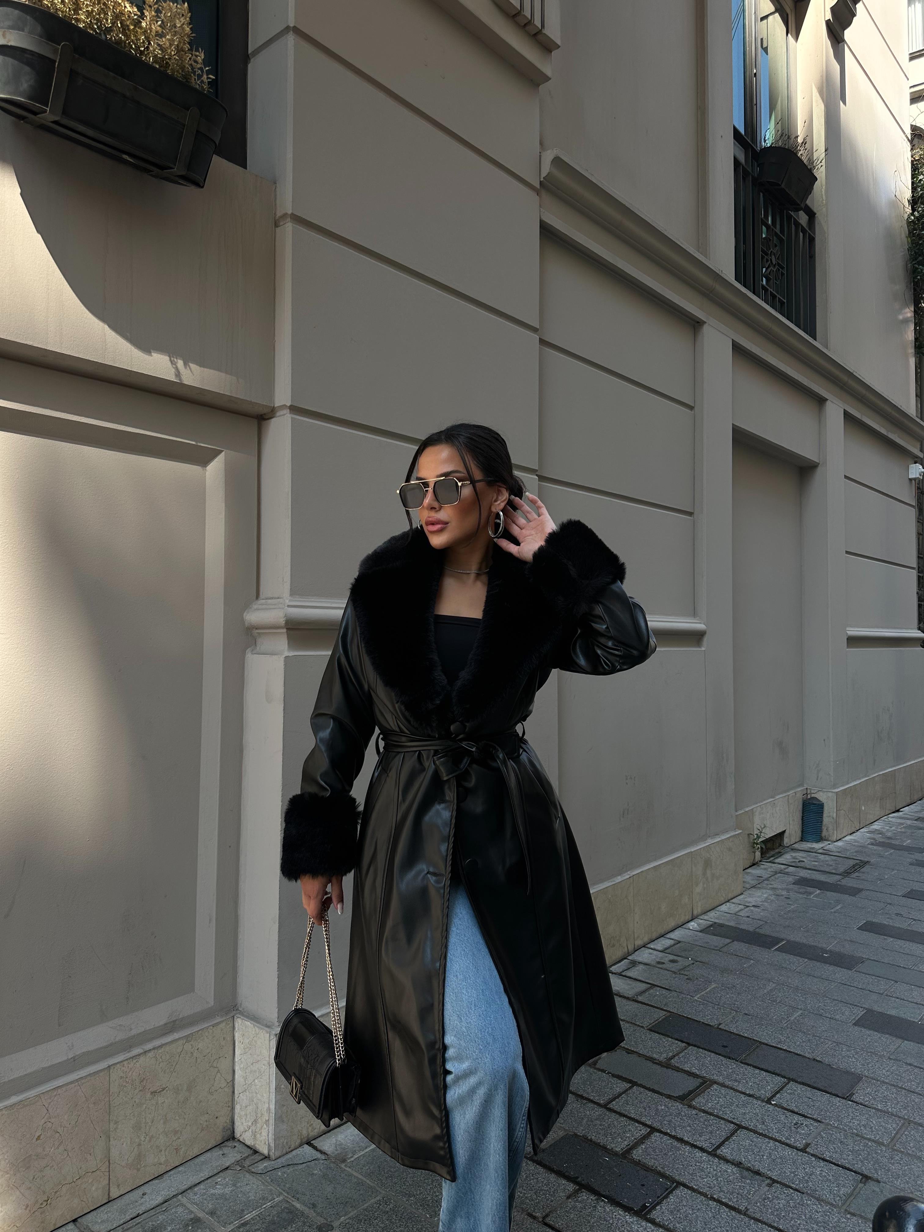 Ella Kürk Yaka Suni Deri Kaban Siyah · 5