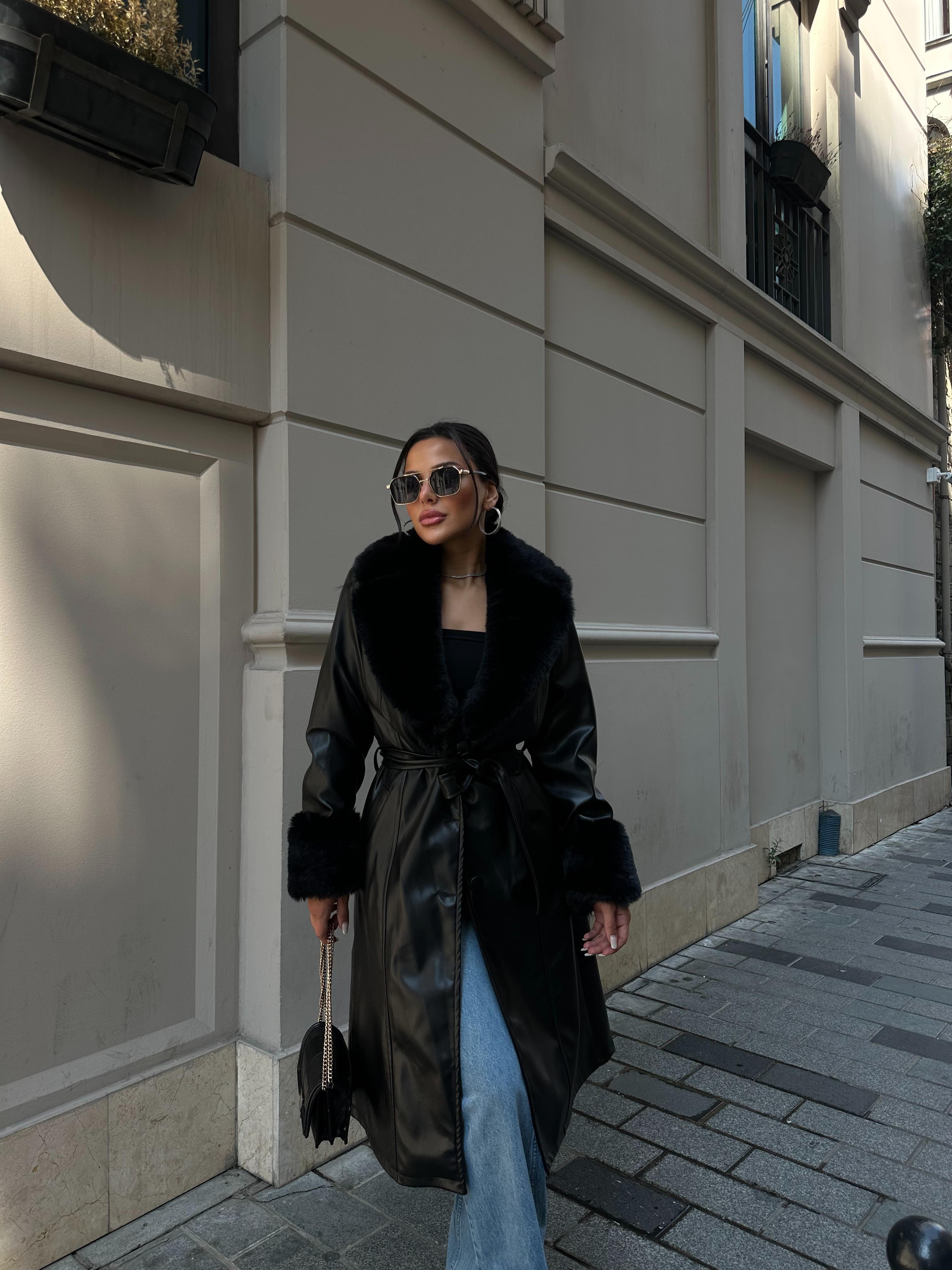 Ella Kürk Yaka Suni Deri Kaban Siyah · 4