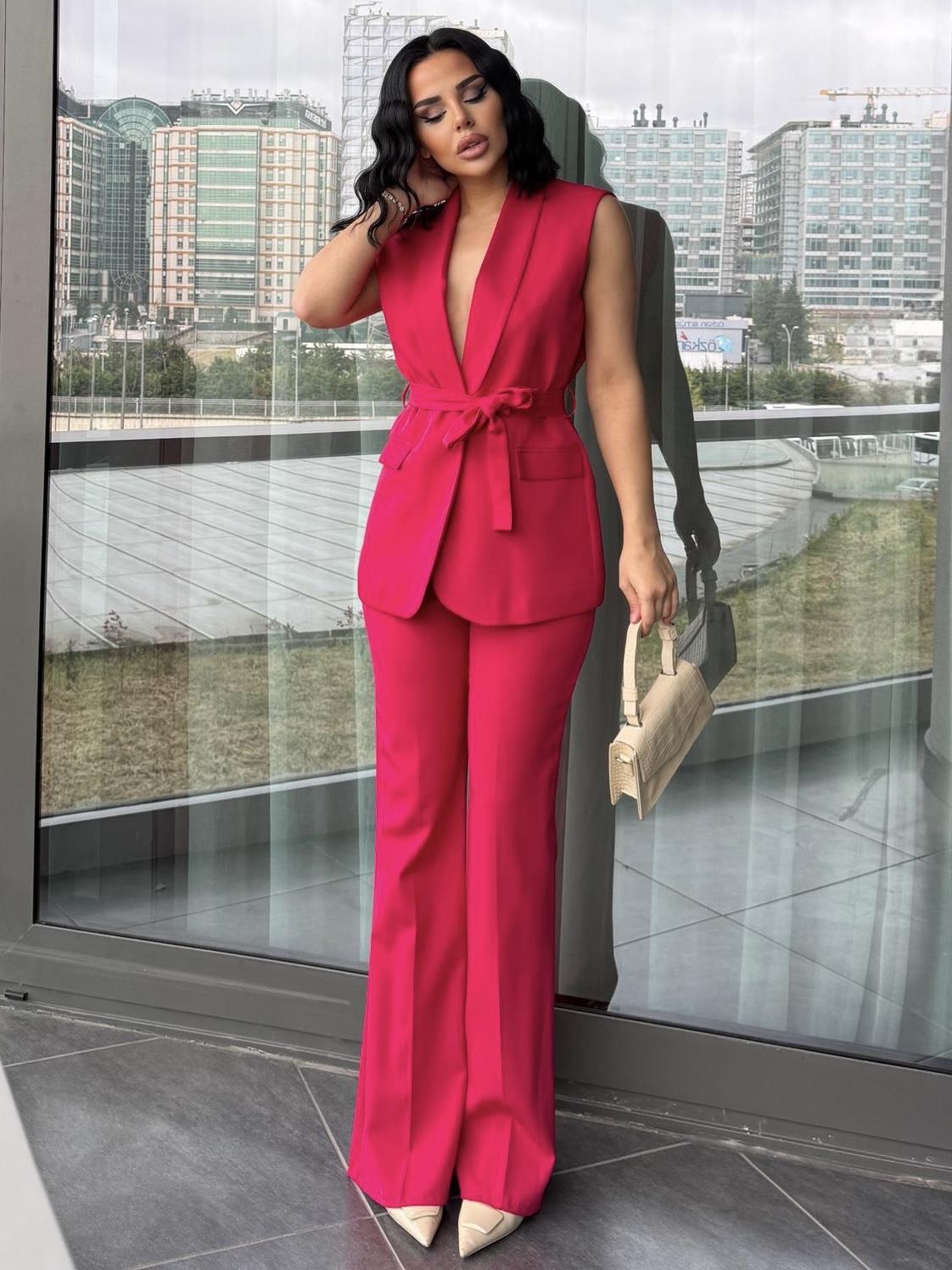 Feels Yelekli İspanyol Paça Pantolon Takım Fuşya