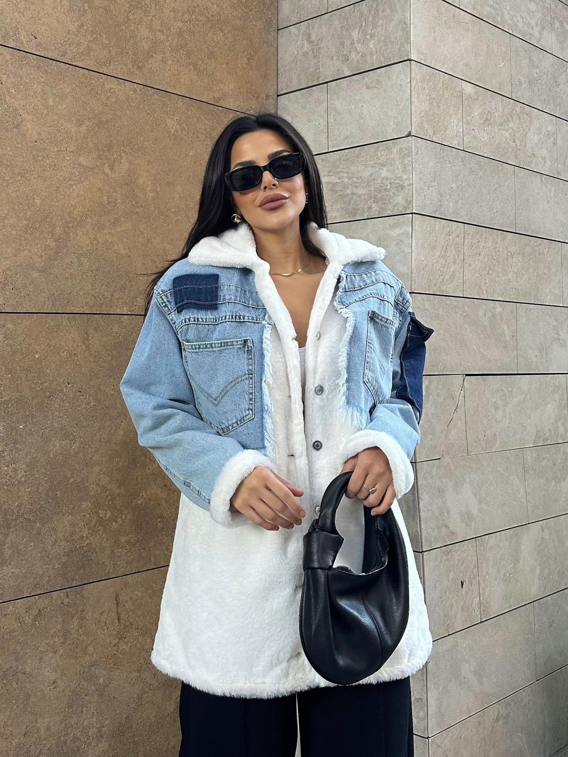 Flow Denim Peluş Mont Beyaz · 2