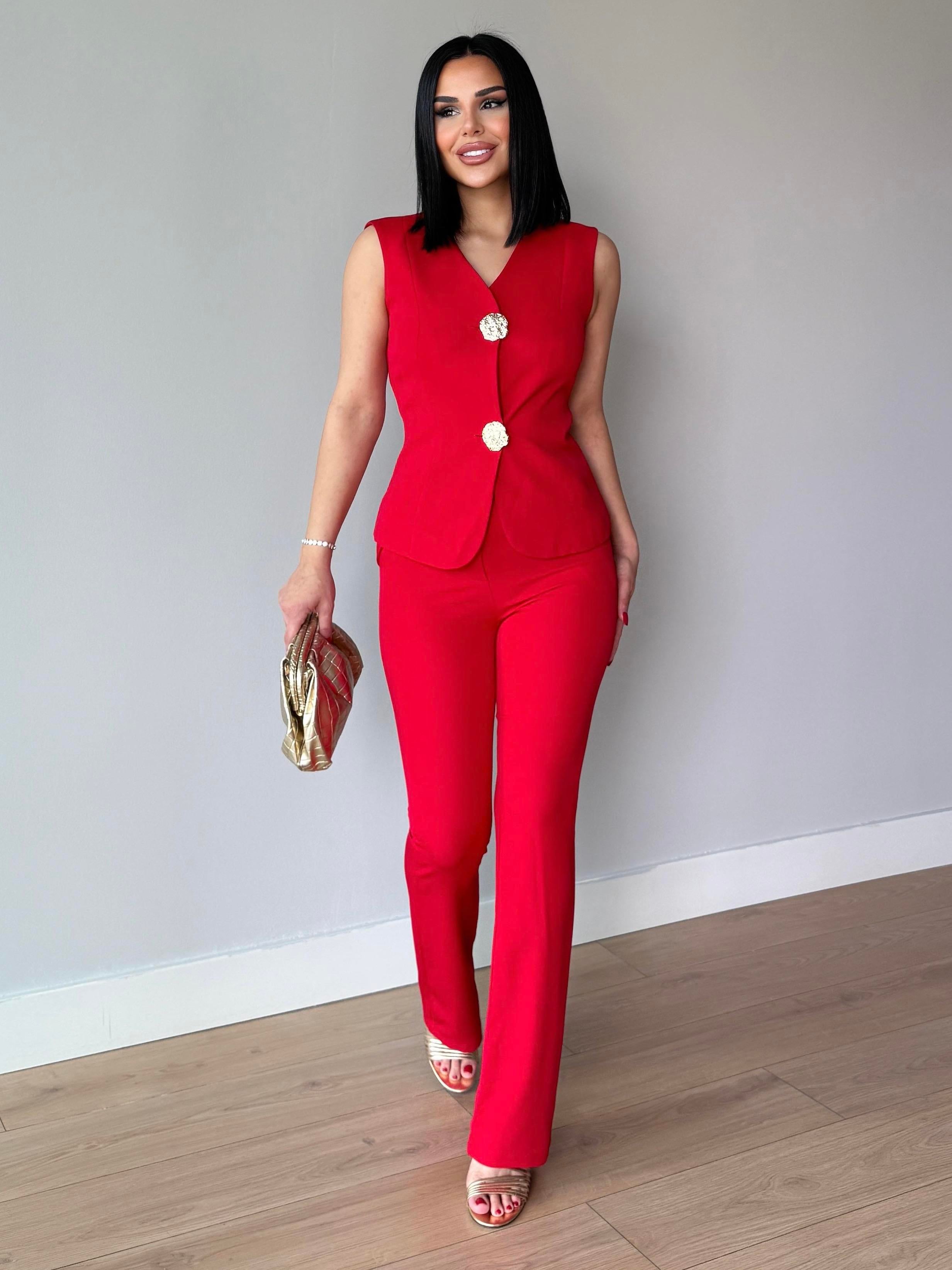 Goldes Gold Düğme Detaylı Yelekli Takım Kırmızı