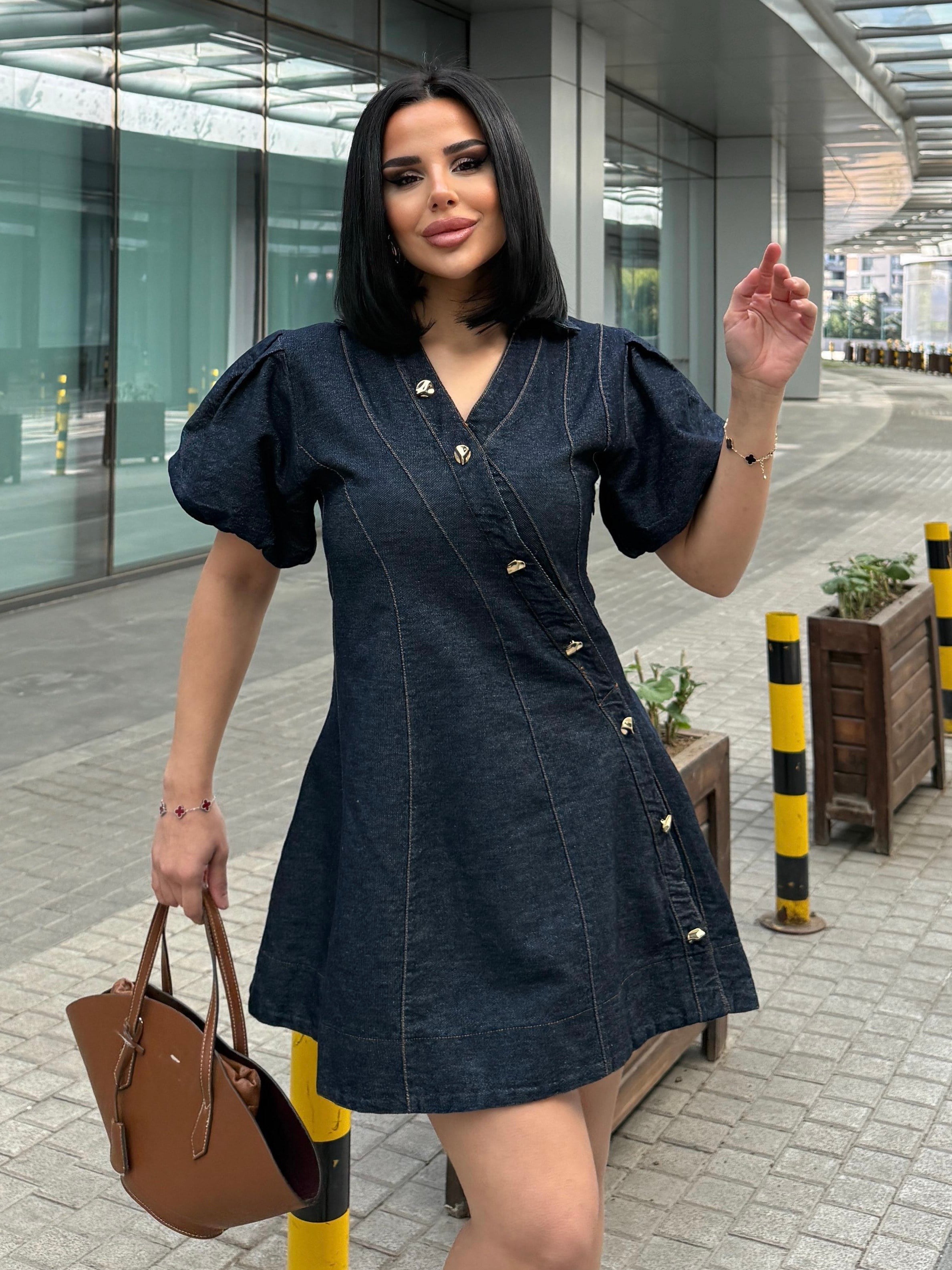 Jennes Gold Düğme Detaylı Denim Elbise Lacivert