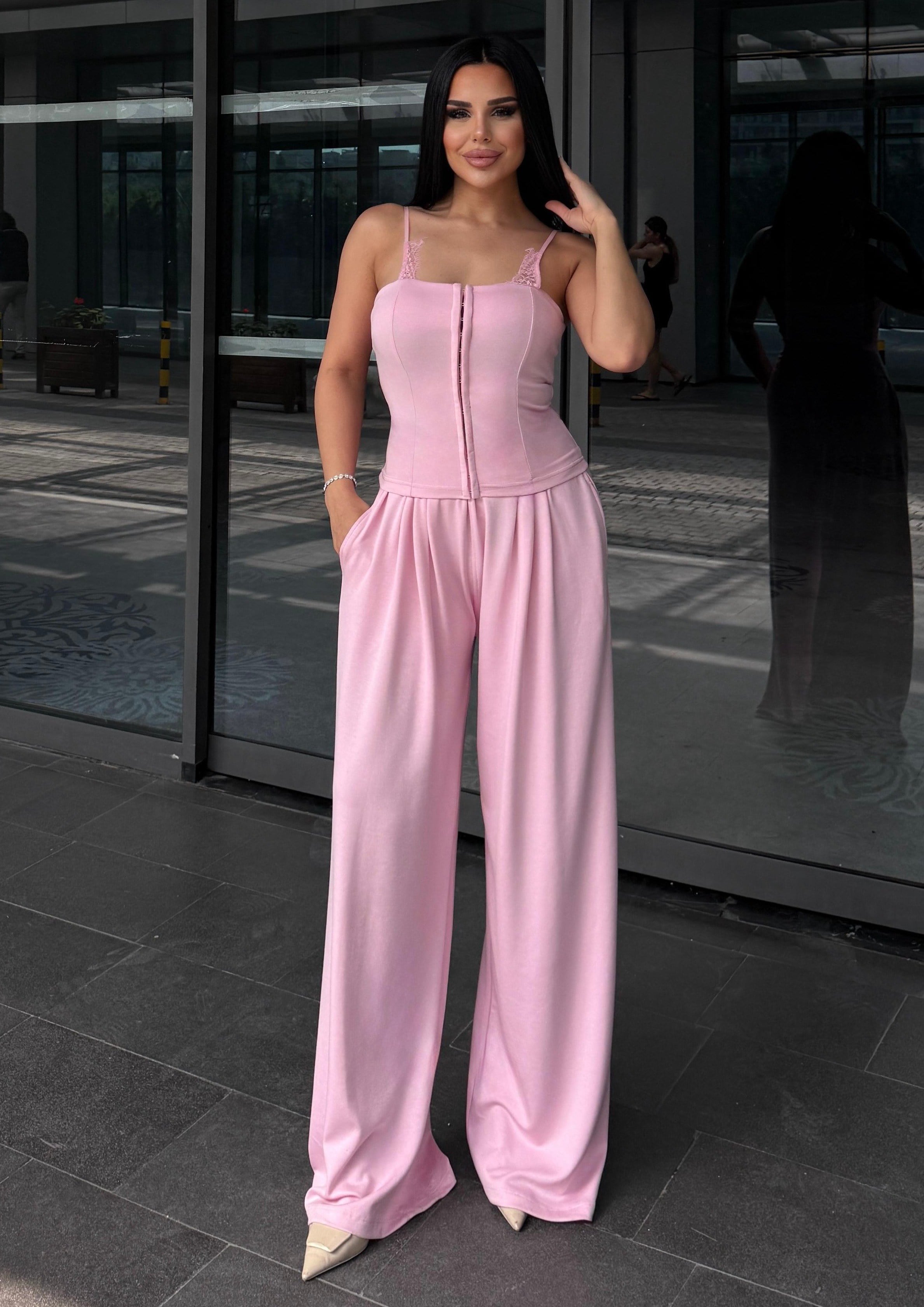 Jermin Dantel Detaylı Takım Pembe