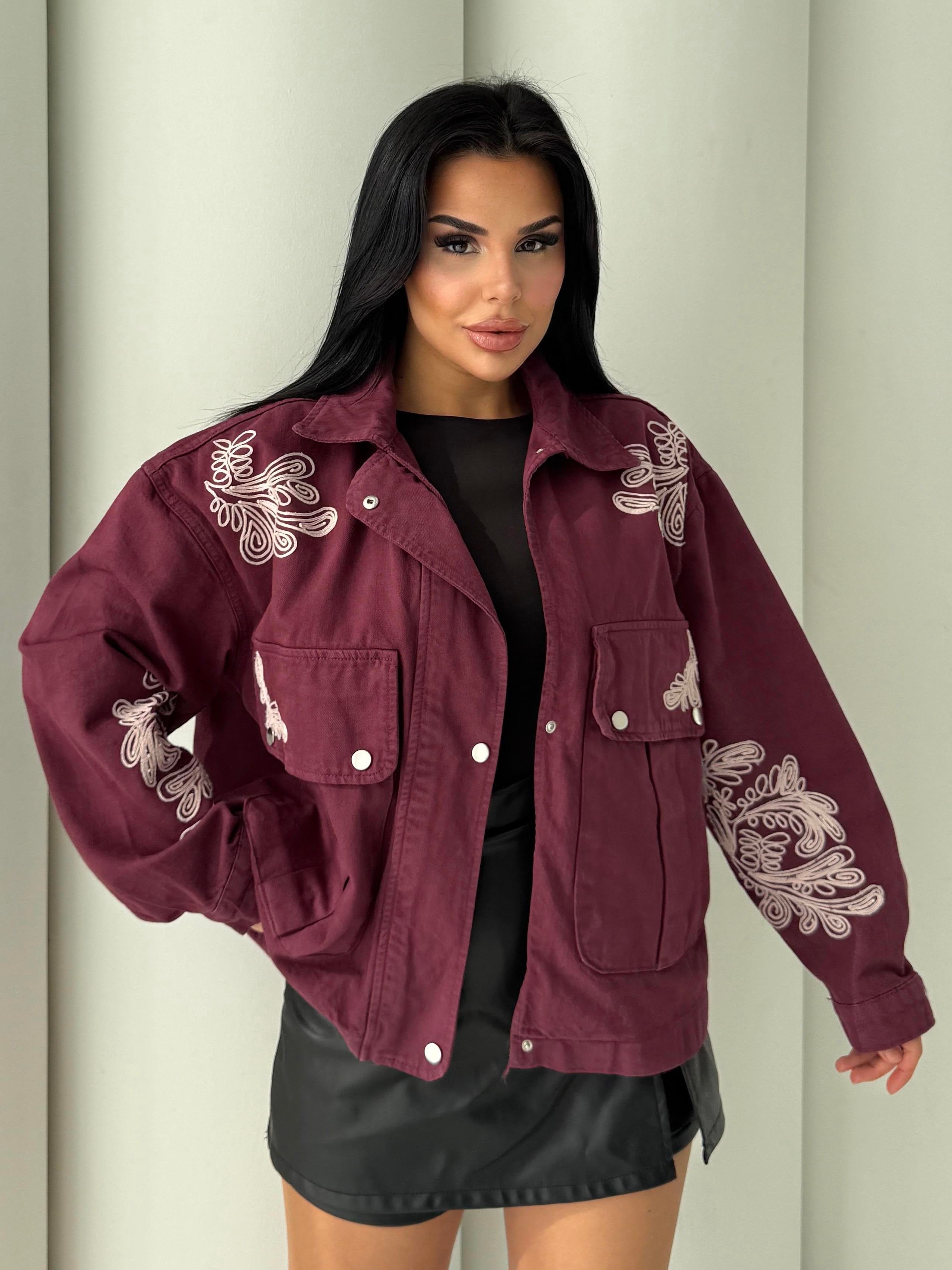 Jolya İşleme Detaylı Kot Ceket Bordo