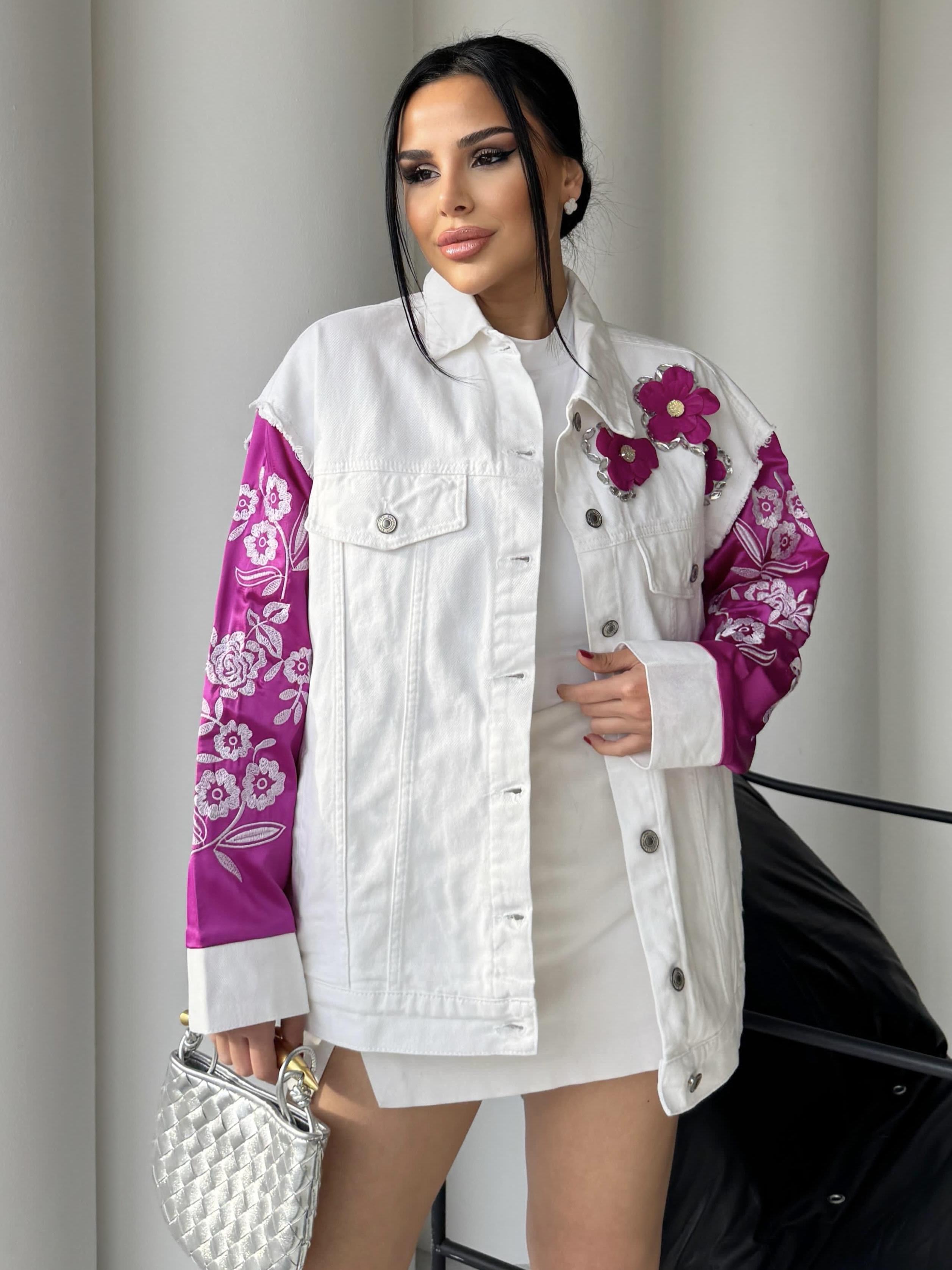Juba Saten Kol Detaylı Çiçek Desenli Denim Ceket Fuşya