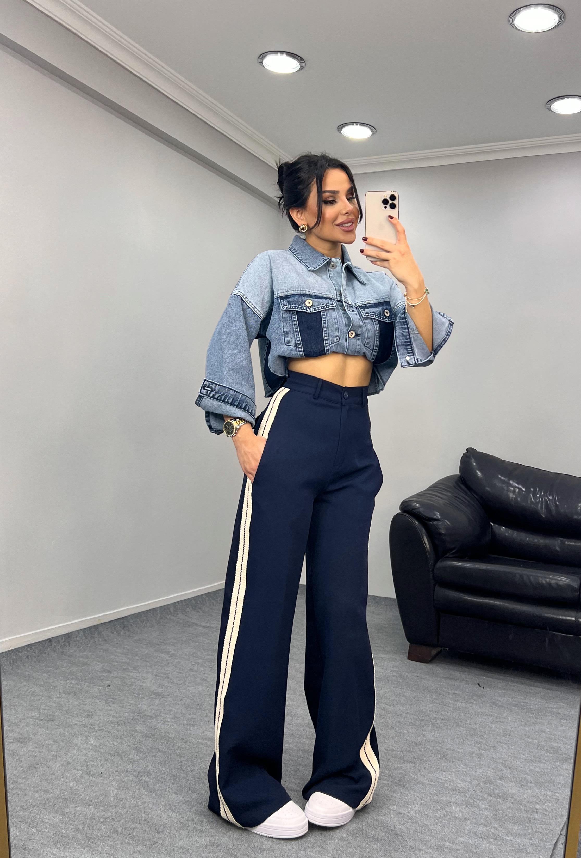 Karina Hasır Detaylı Palazzo Pantolon Lacivert