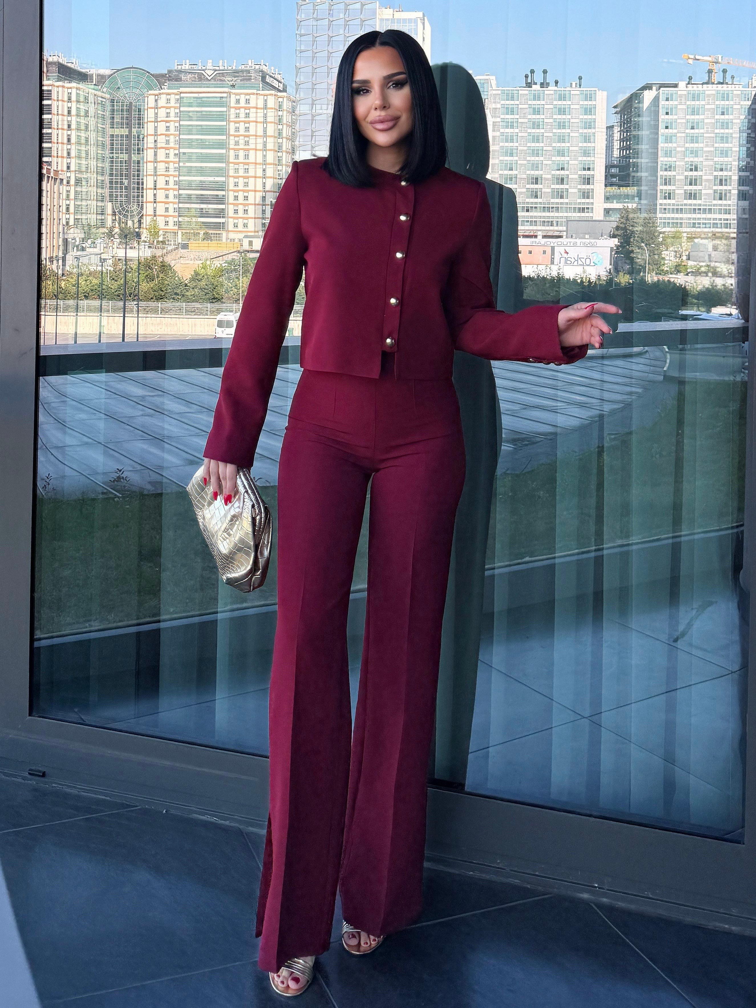 Kayles Gold Düğme Detaylı Takım Bordo