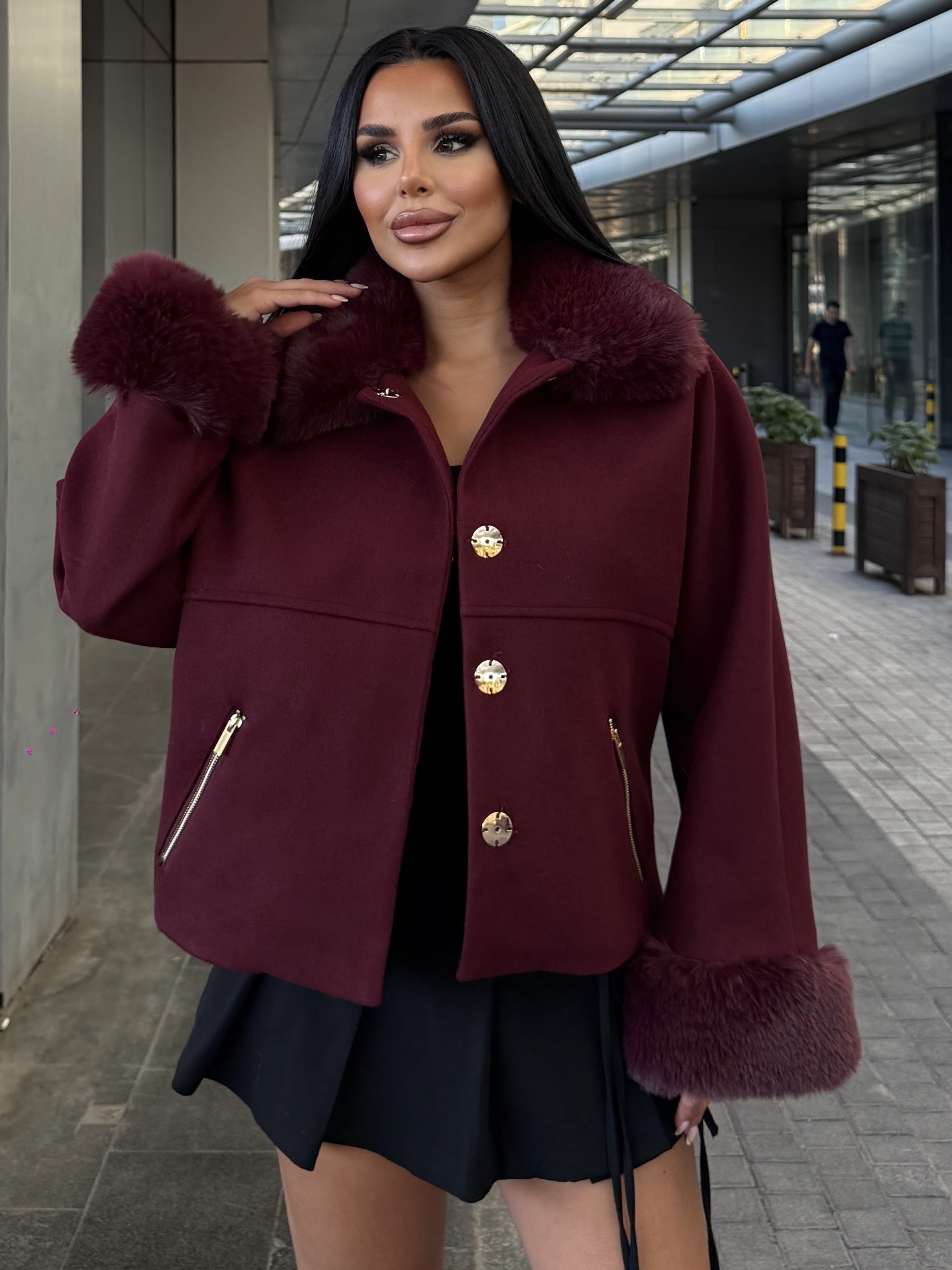 Laria Kürk Yaka Detaylı Kaban Bordo