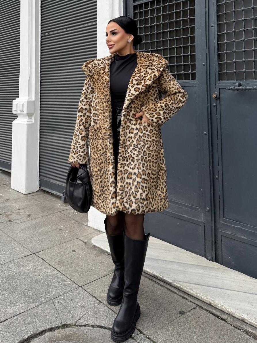 Lena Kapşonlu Peluş Leopar Kürk Kaban