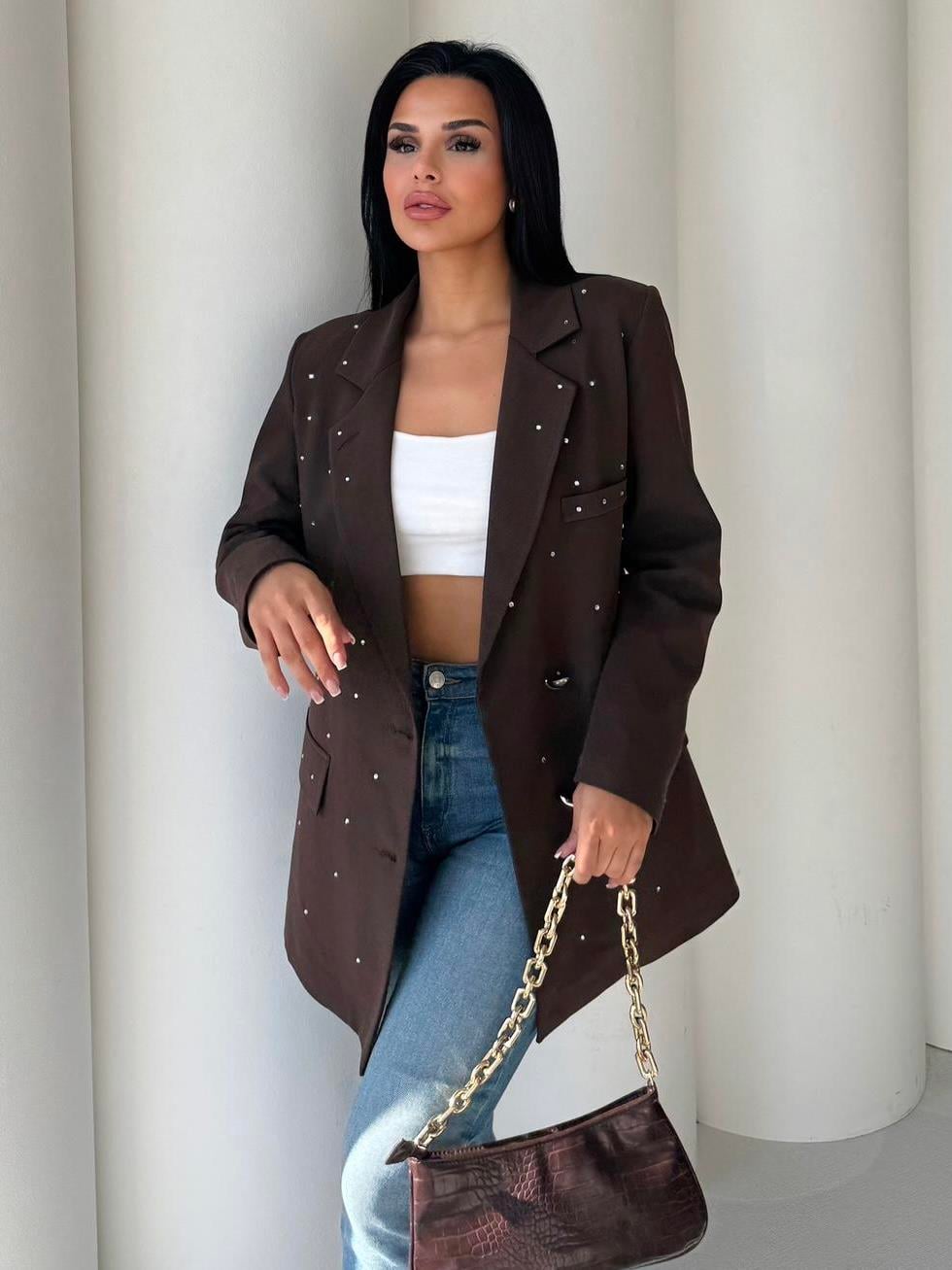 Leona Taş Detaylı Blazer Ceket Kahve