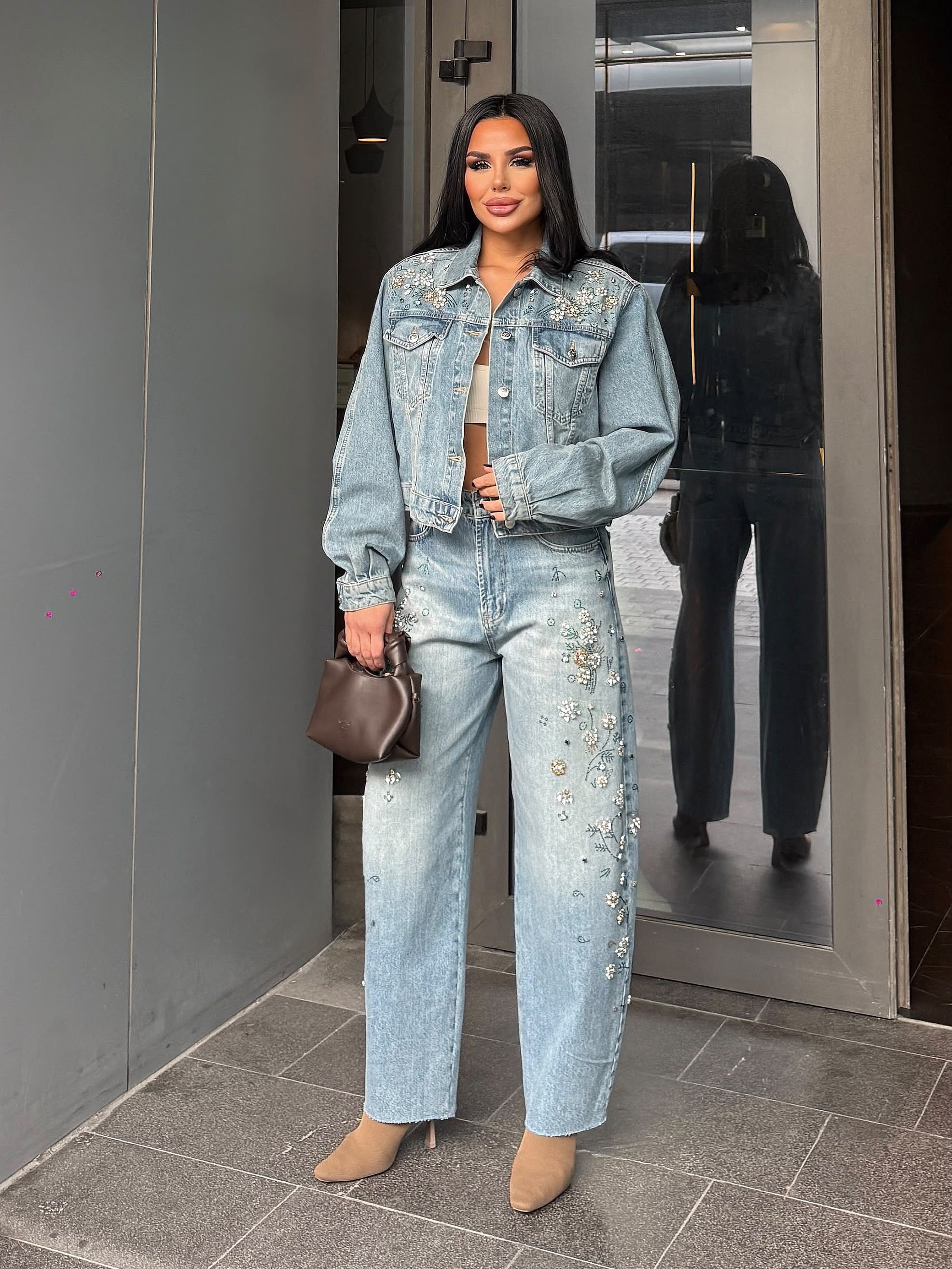 Leros Taş İşleme Detaylı Denim Takım Mavi