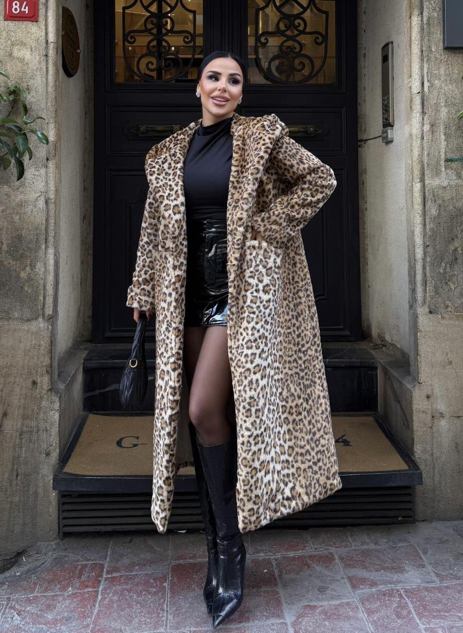 Lidya Kapşonlu Peluş Kürk Leopar Desen