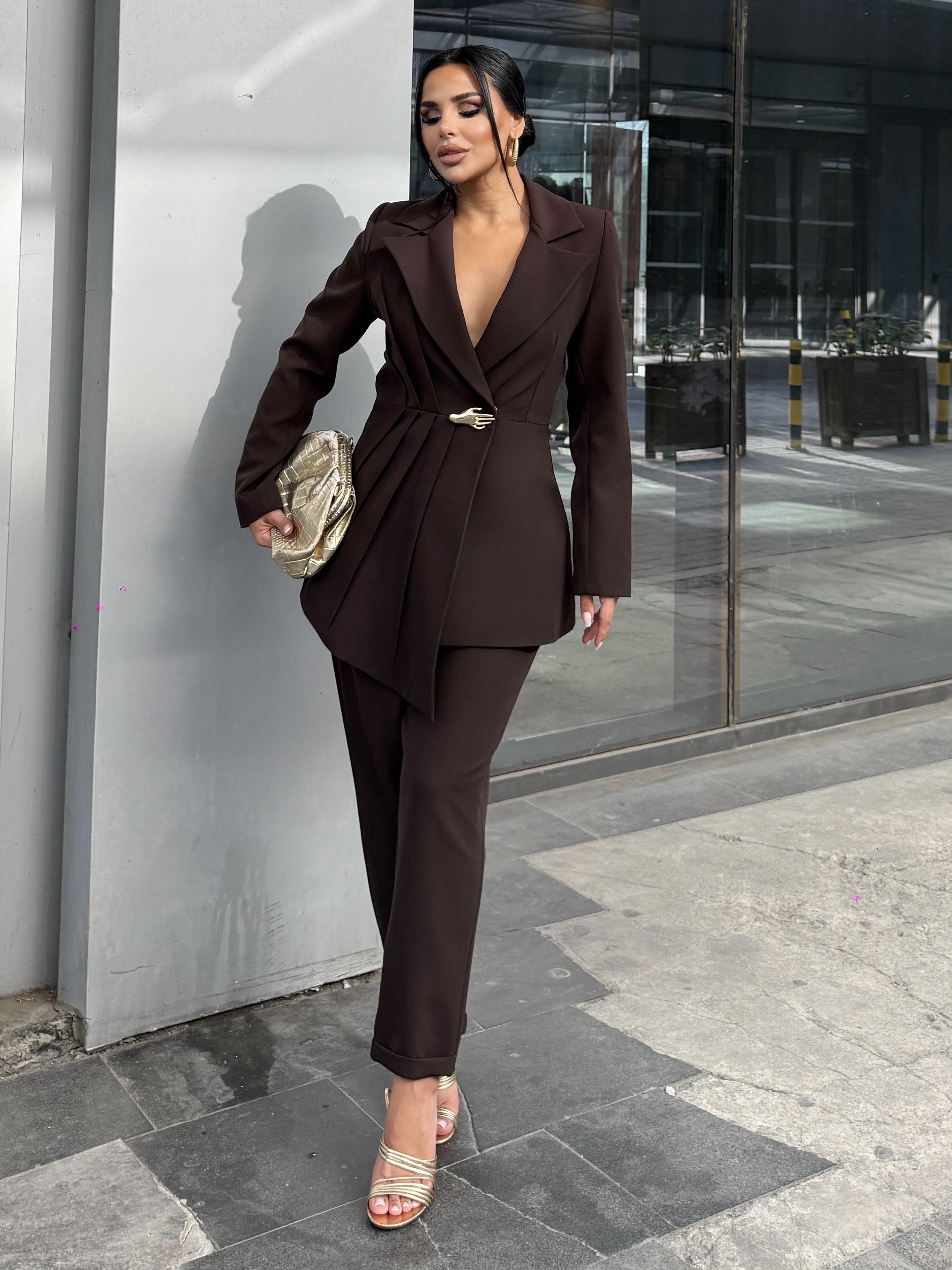 Linda Gold Toka Detaylı Takım Kahve