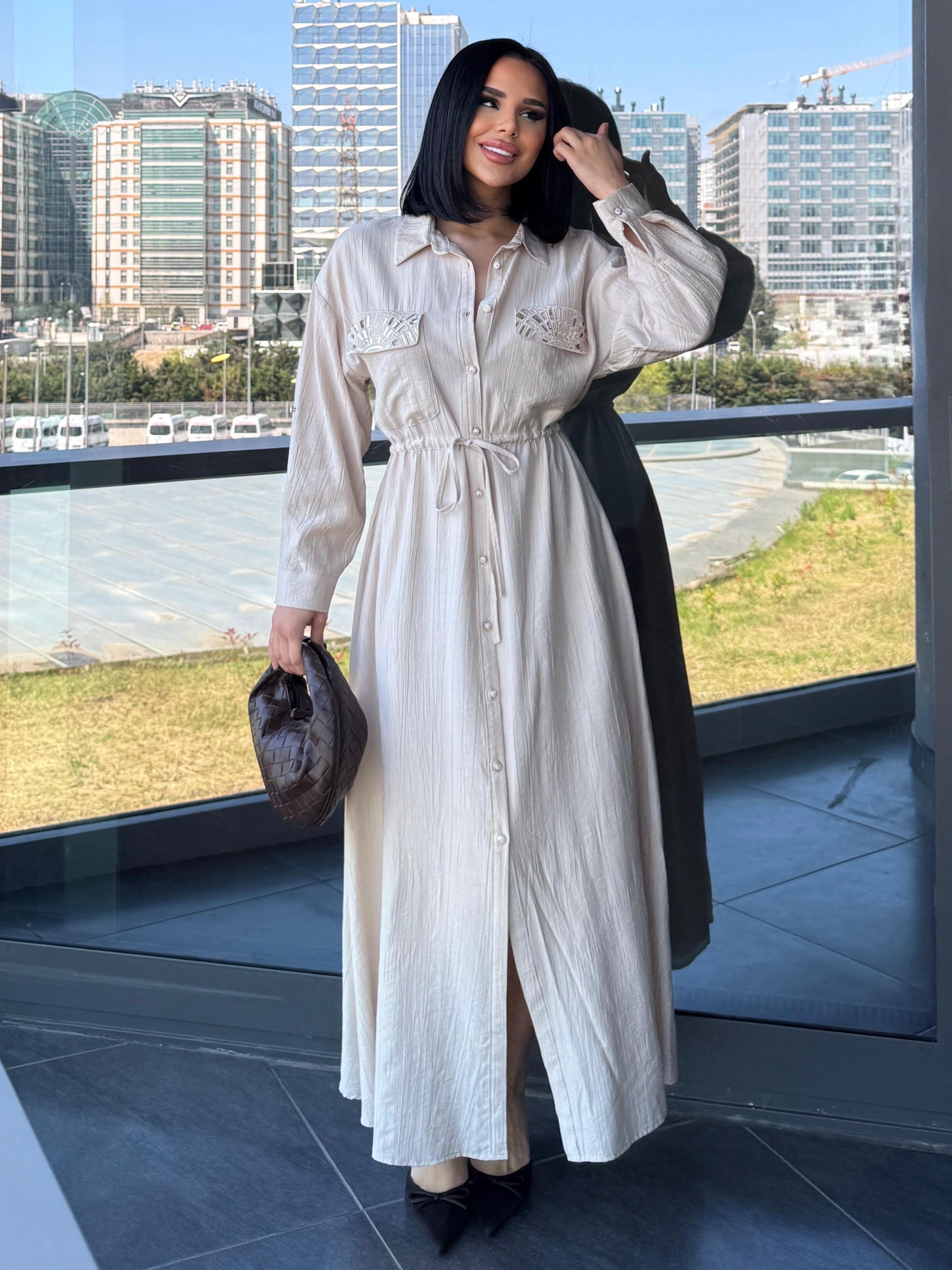 Maria İşleme Detaylı Elbise Ekru