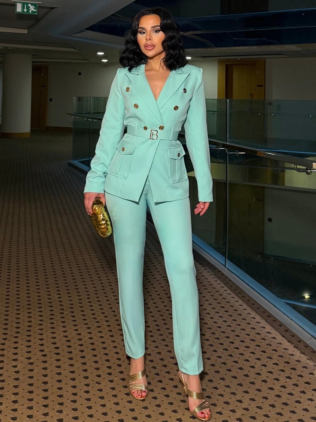 Monster Gold Düğme Detaylı Takım Turkuaz 