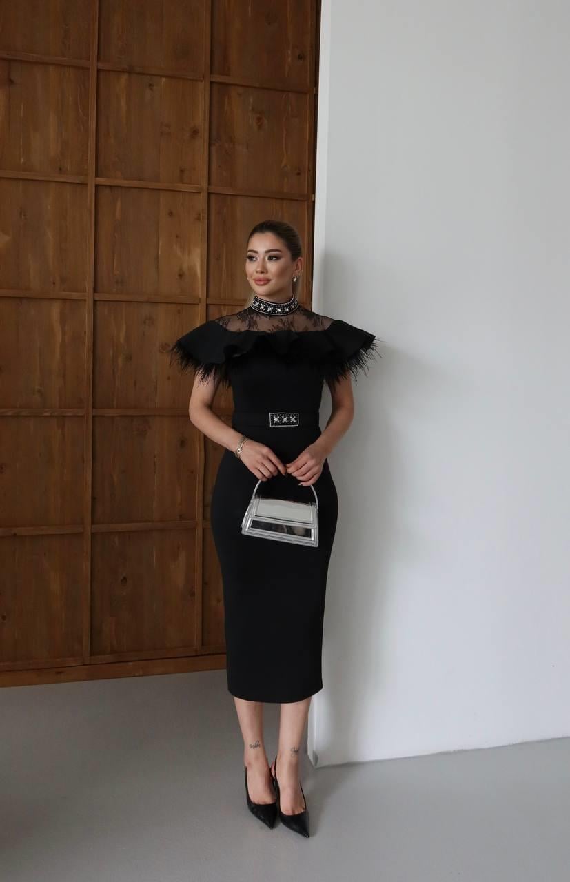 Nars Taş Detaylı Abiye Elbise Siyah